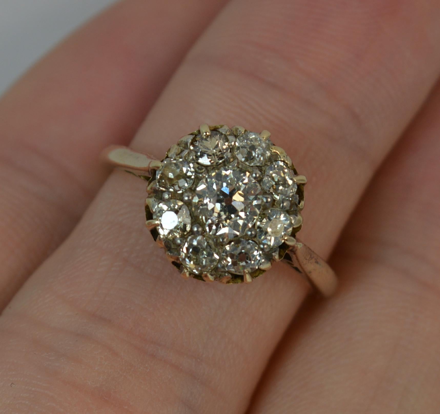 Victorian 1.00 Carat Old Cut Diamond 15 Carat Gold Cluster Ring In Excellent Condition In St Helens, GB