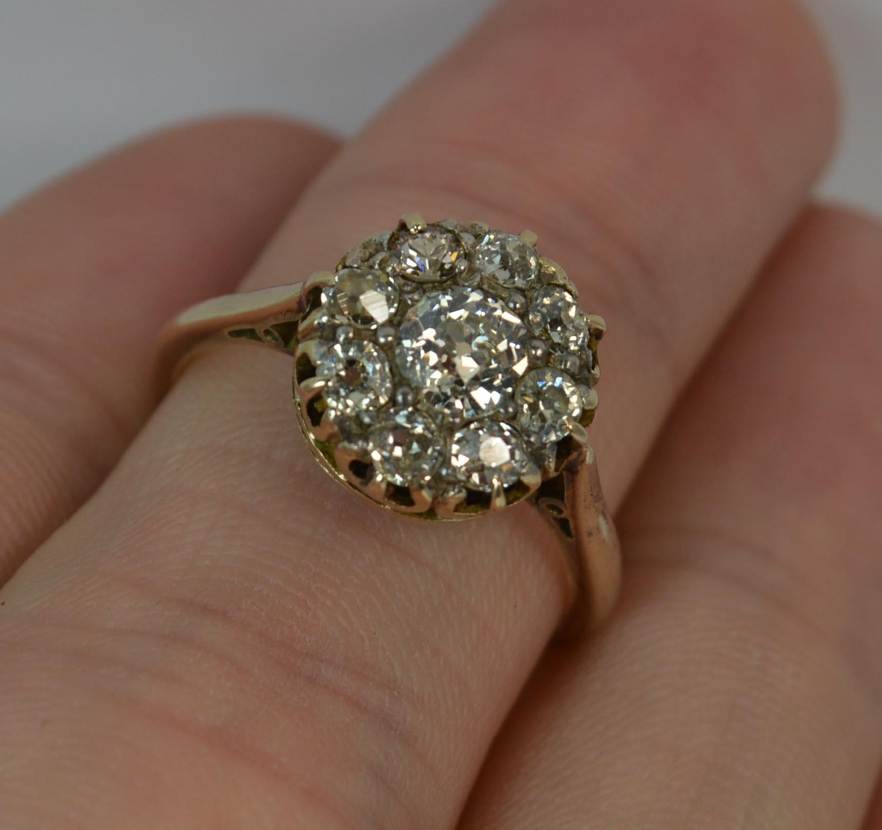 Women's Victorian 1.00 Carat Old Cut Diamond 15 Carat Gold Cluster Ring