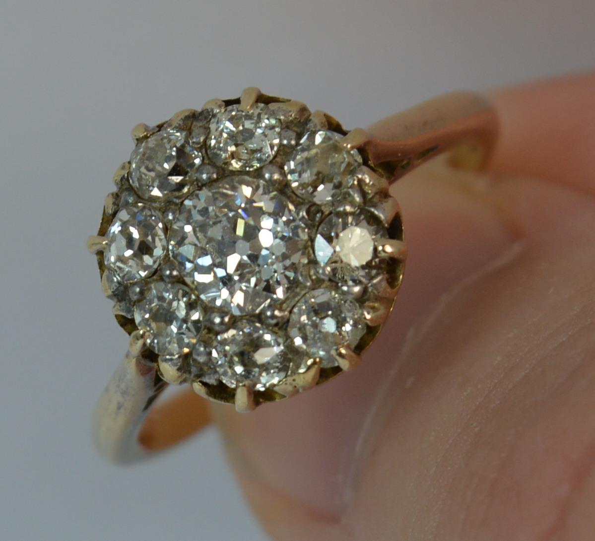 Victorian 1.00 Carat Old Cut Diamond 15 Carat Gold Cluster Ring 1