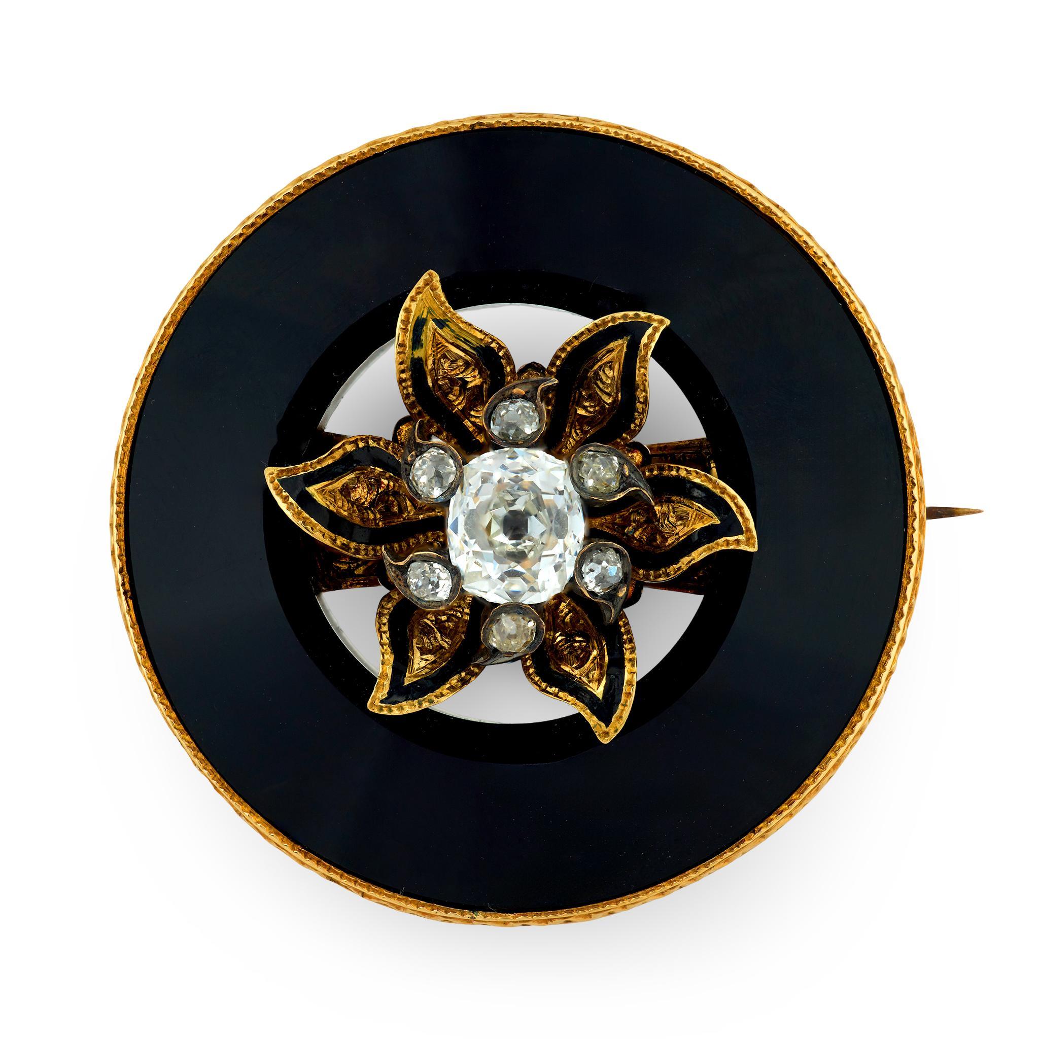 Broche de deuil victorienne de 1,00 carat en diamant taillé à l
ancienne, en onyx et en émail