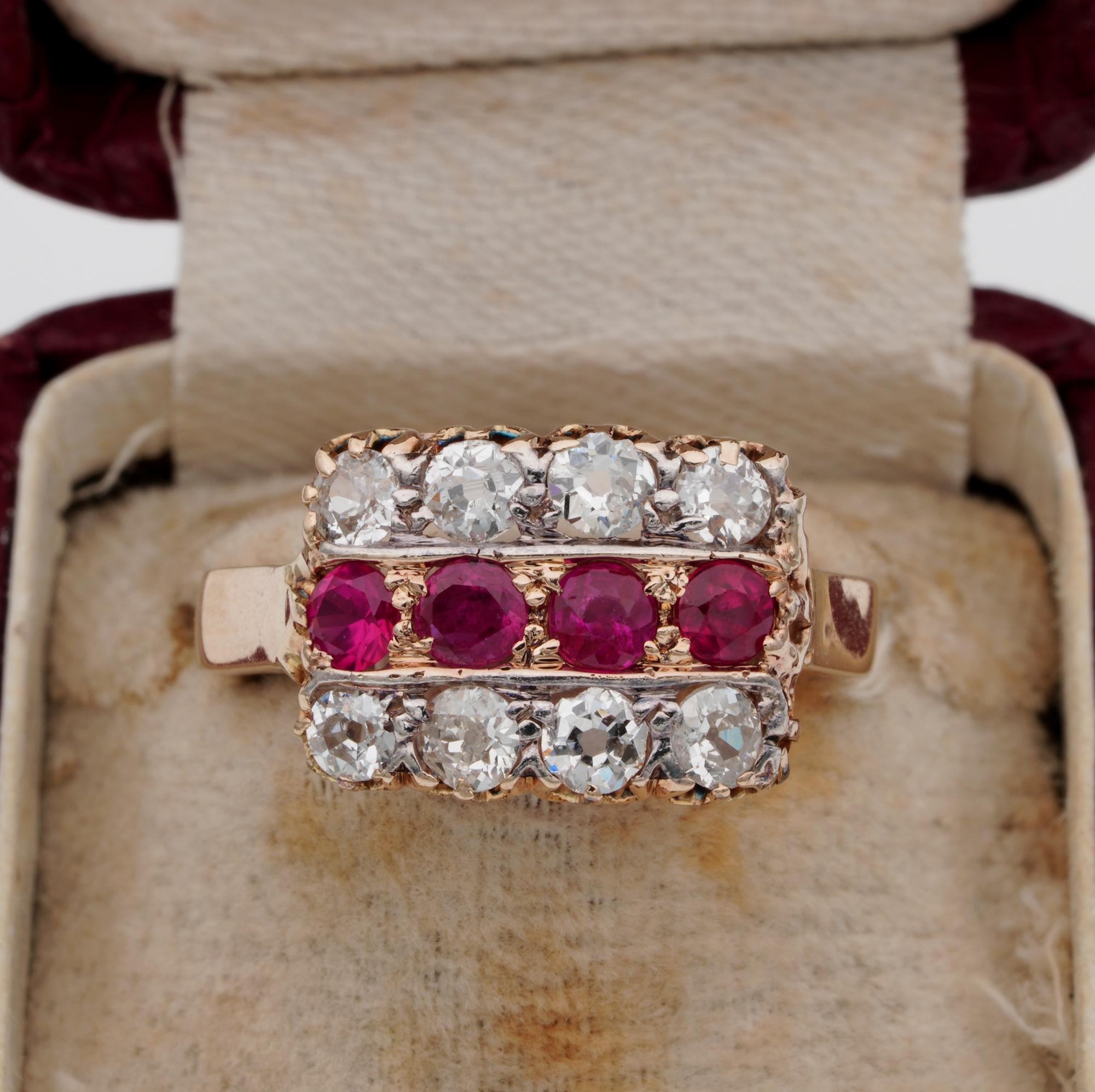 Gorgeous!

A Charming rectangular shaped rich of the finest old cut Diamonds and rare Red Pigeon Blood quality Natural Rubies remark the crown of this original Victorian ring
Ring is from 1900 ca all superiorly hand crafted of solid 18 KT rose gold