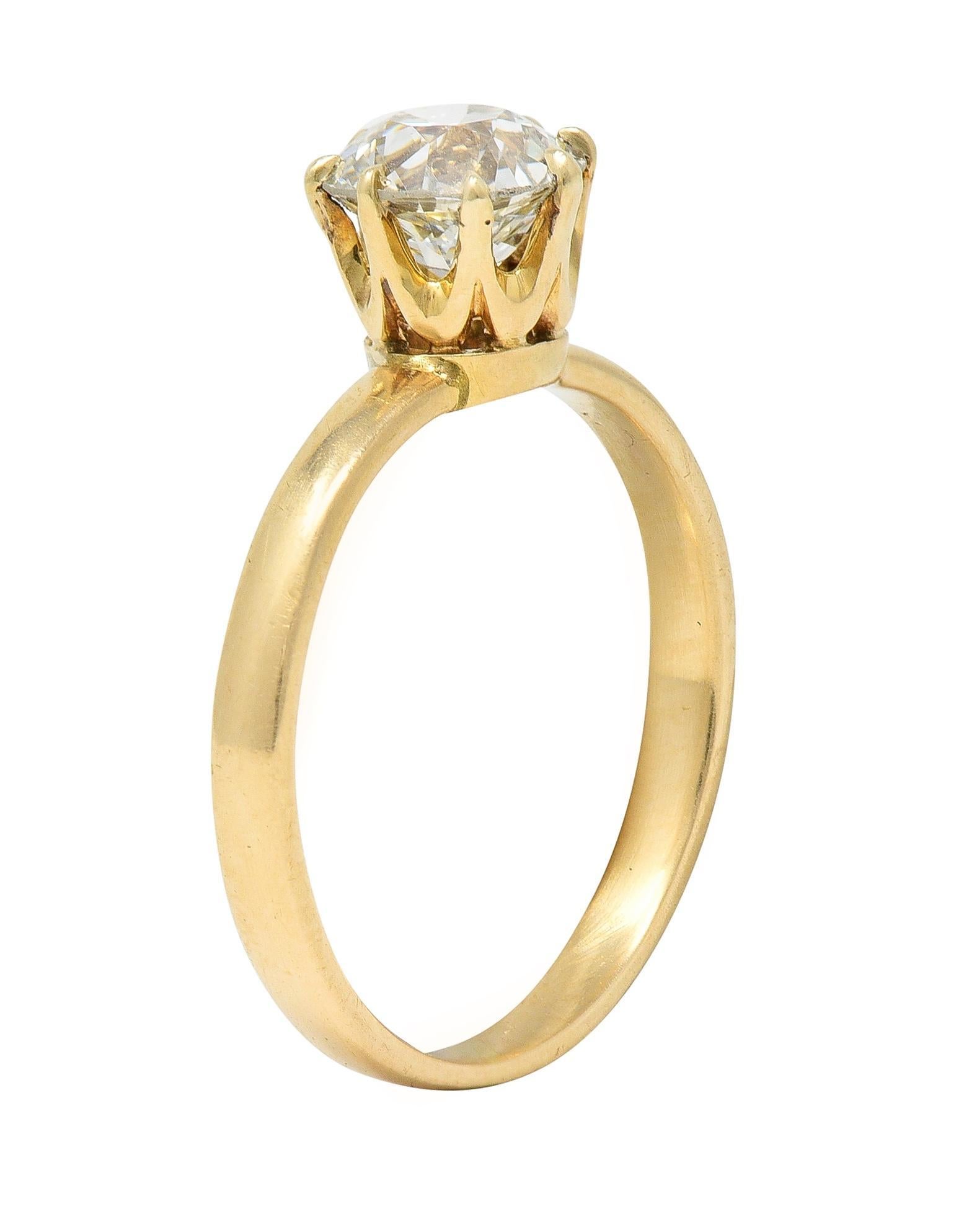 Centering an old European cut diamond weighing approximately 1.00 carat - J color with VS2 clarity
Set in a six-pronged mount with a pierced profile 
Completed by high polish shank 
Stamped for 14 karat gold
Circa: 1880s
Ring size: 5 and sizable