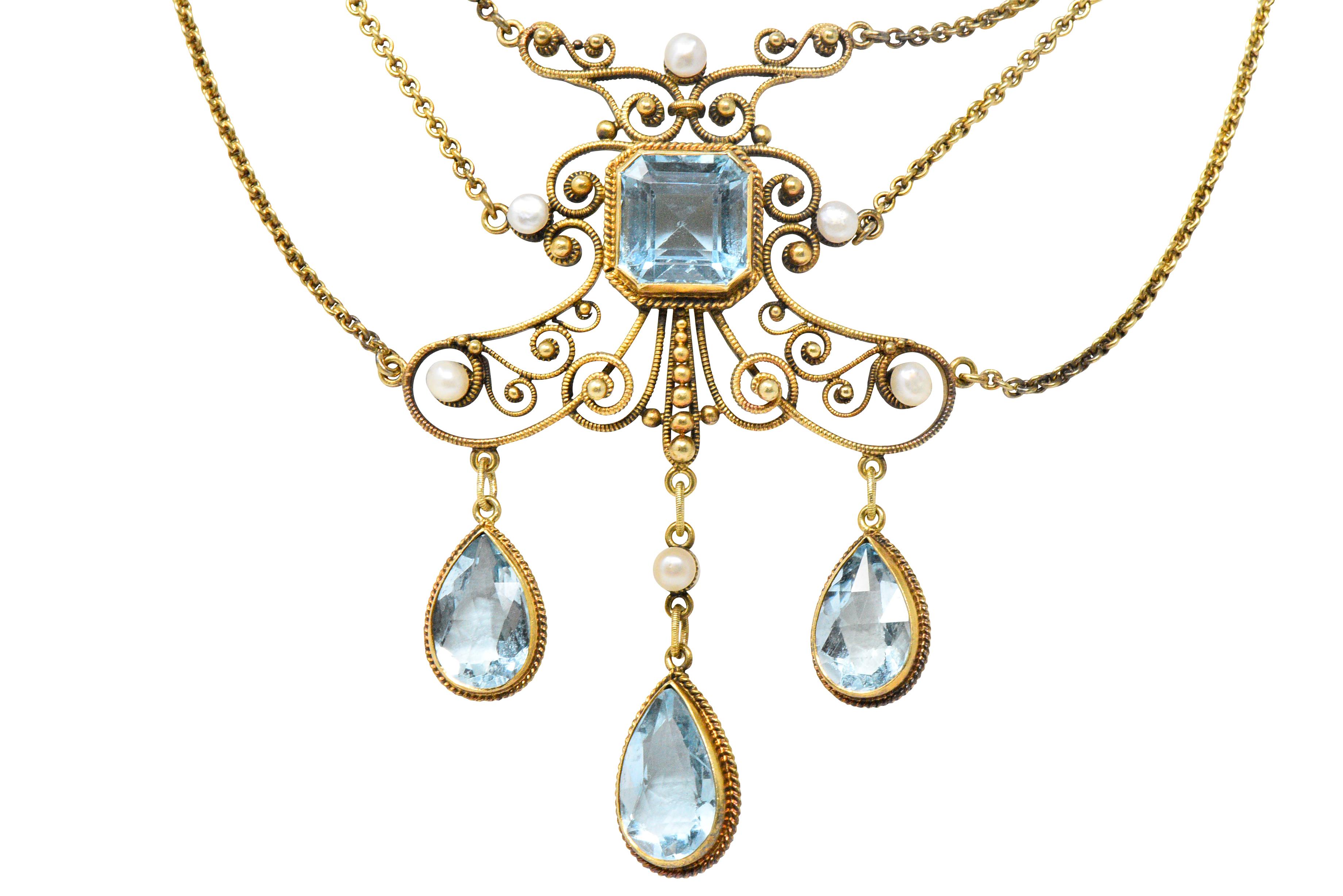 Victorian 10.00 Carat Aquamarine Seed Pearl 14 Karat Gold Swag Necklace In Excellent Condition In Philadelphia, PA