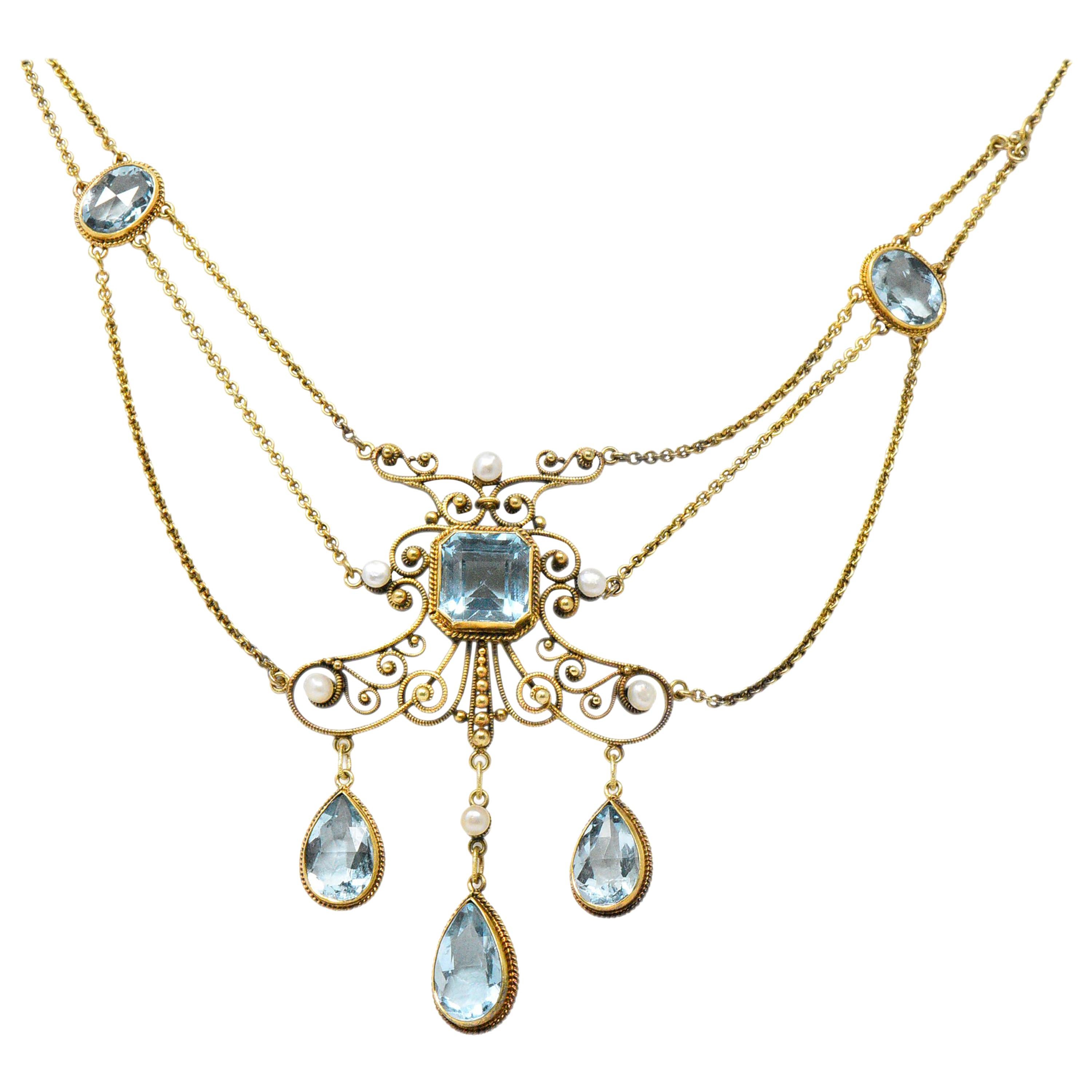 Victorian 10.00 Carat Aquamarine Seed Pearl 14 Karat Gold Swag Necklace