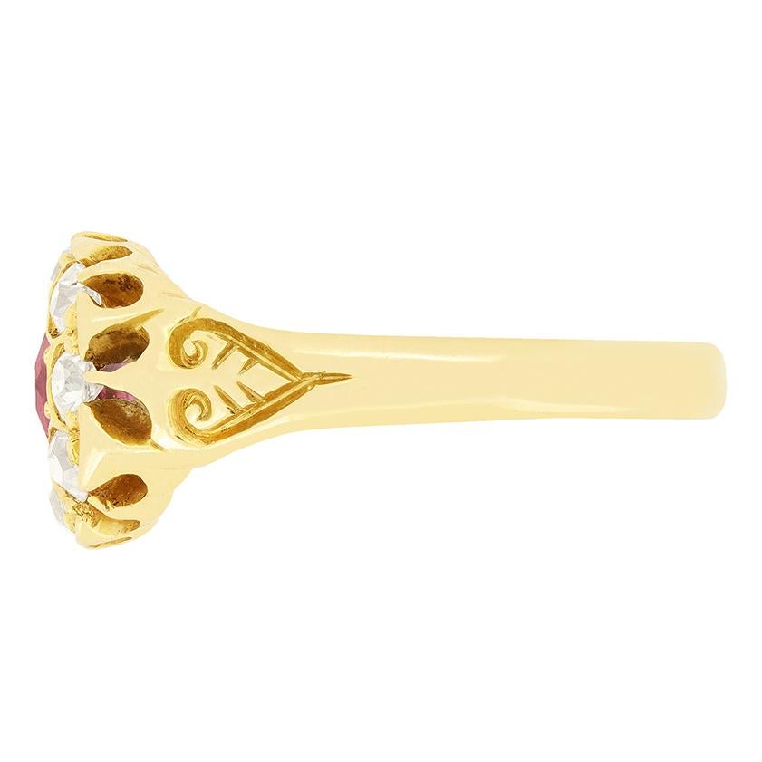 Old European Cut Victorian 1.00ct Ruby and Diamond Cluster Ring, hallmarked 1900 For Sale