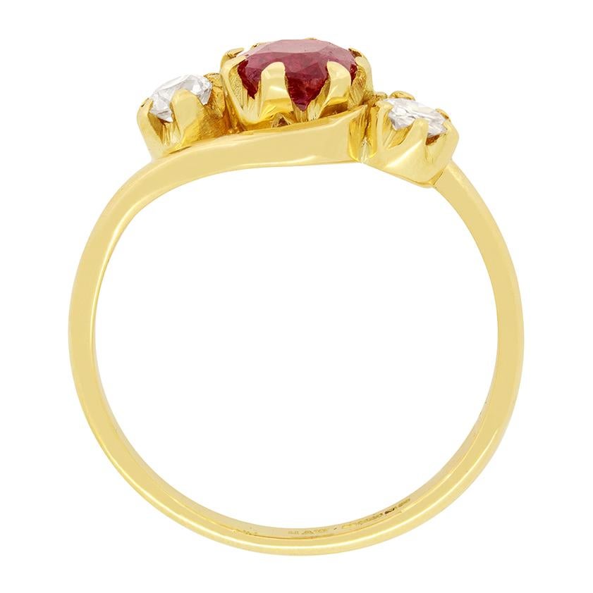 Old Mine Cut Victorian 1.00ct Ruby and Diamond Twist Ring, c.1880s