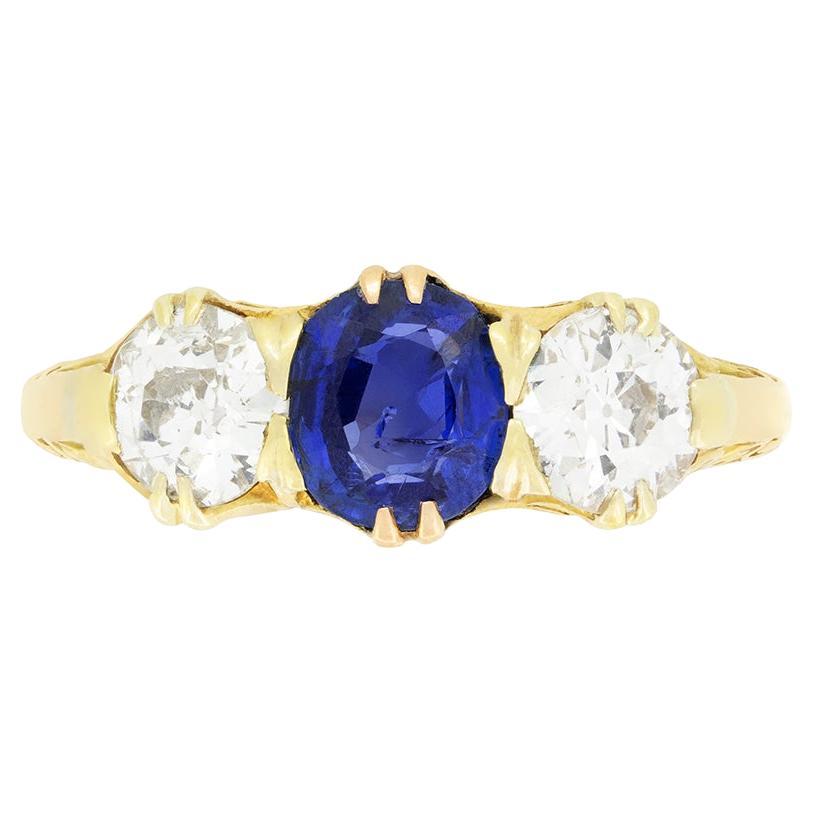 Victorien 1.00ct Saphir et Diamant Trois Pierres, c.1880s
