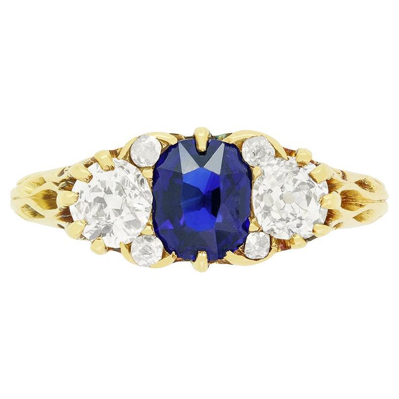 Victorian 1.00ct Sapphire and Diamond Three Stone Ring, c.1880s