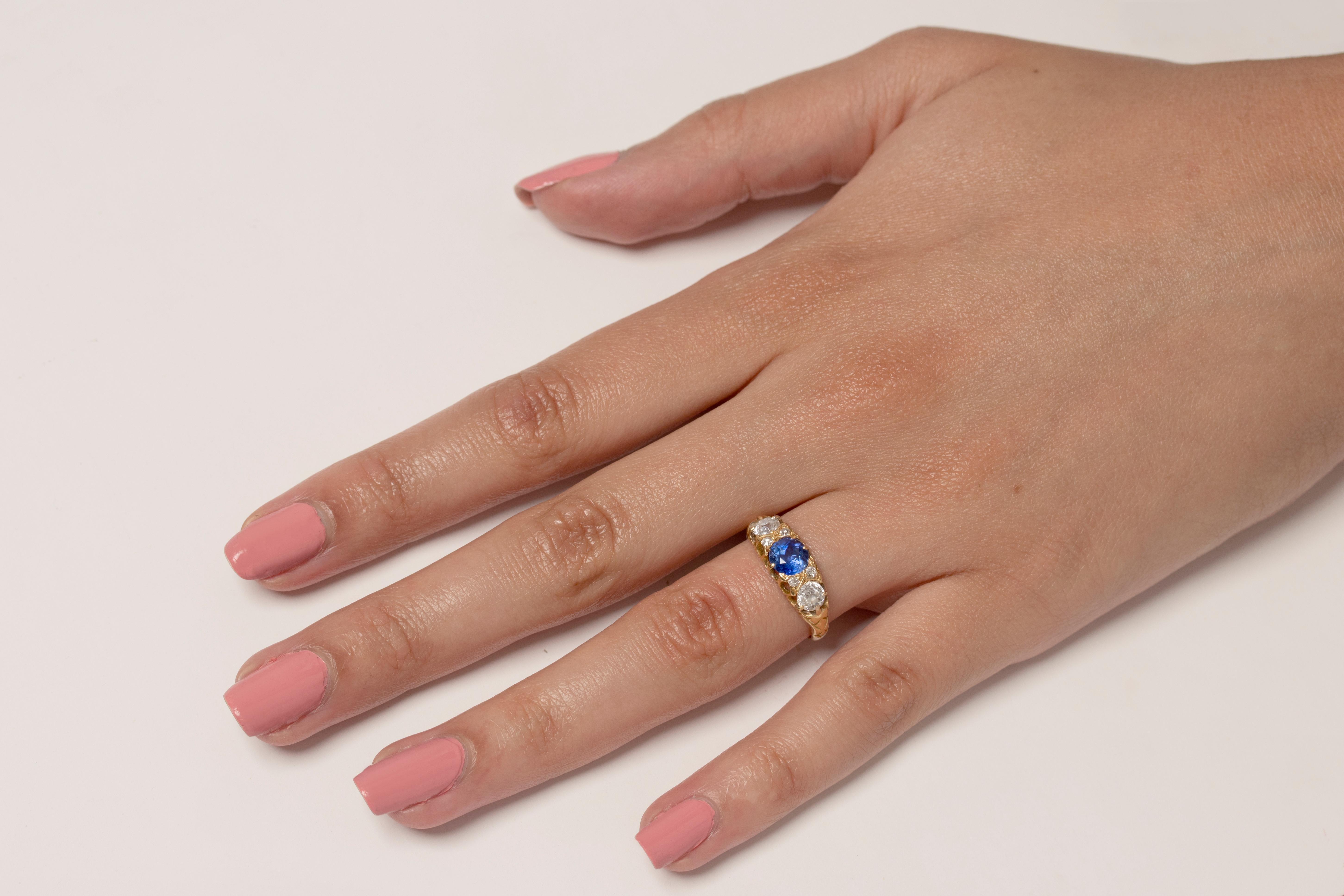 Victorian 1.00 Carat Sapphire and Diamond Three-Stone Ring, circa 1899 1