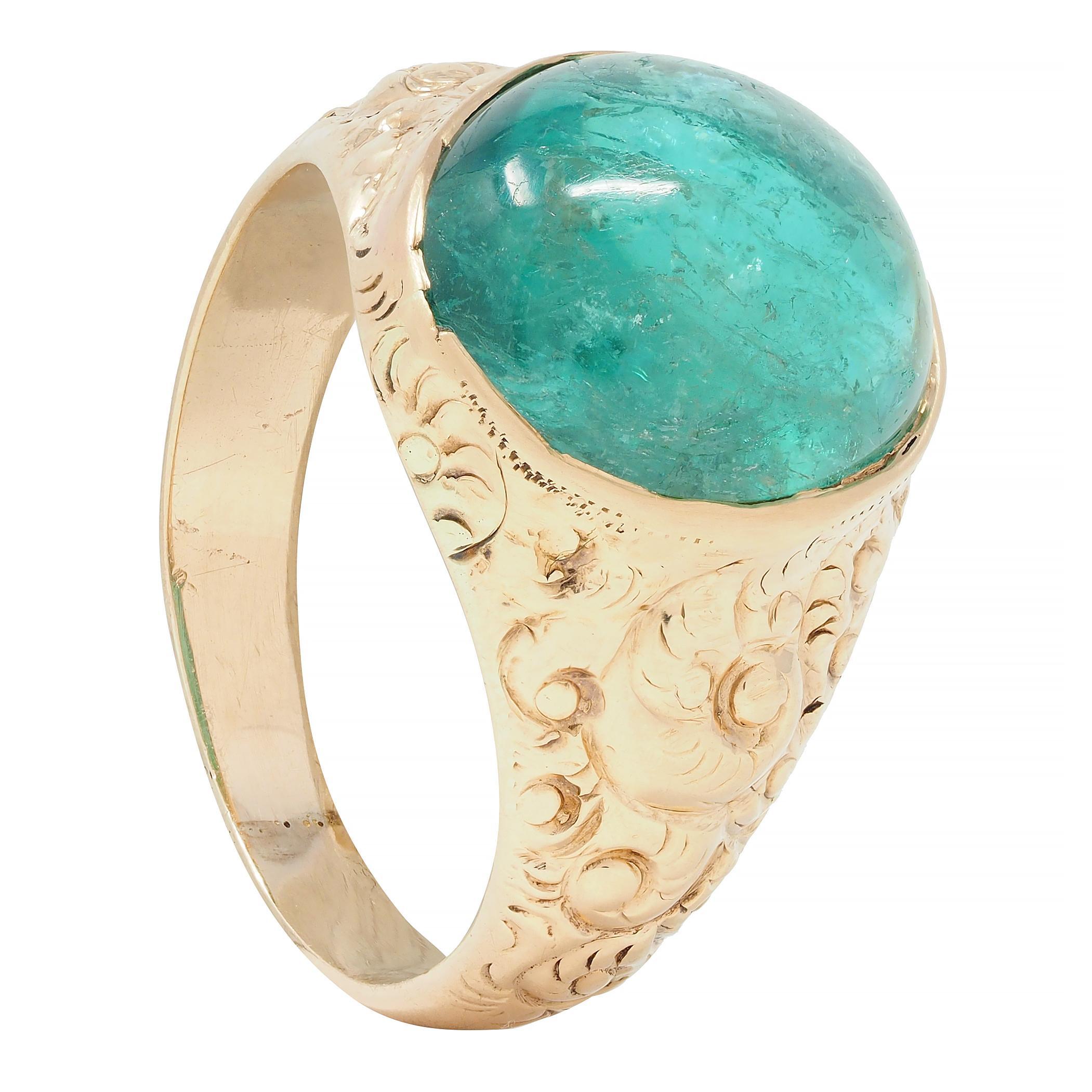 Victorian 10.16 CTW Emerald Cabochon 14 Karat Gold Scroll Antique Signet Ring For Sale 6