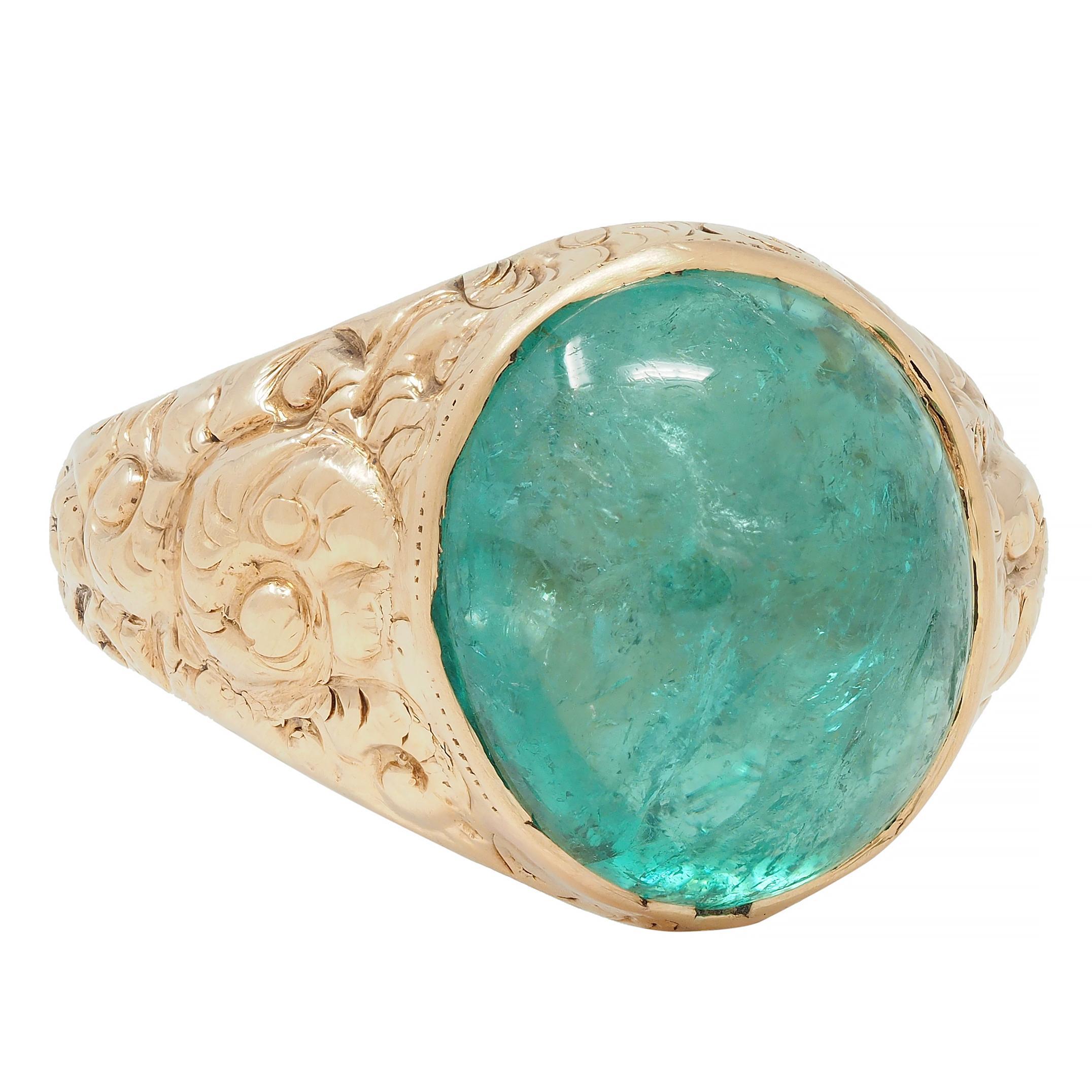 Victorian 10.16 CTW Emerald Cabochon 14 Karat Gold Scroll Antique Signet Ring In Excellent Condition For Sale In Philadelphia, PA