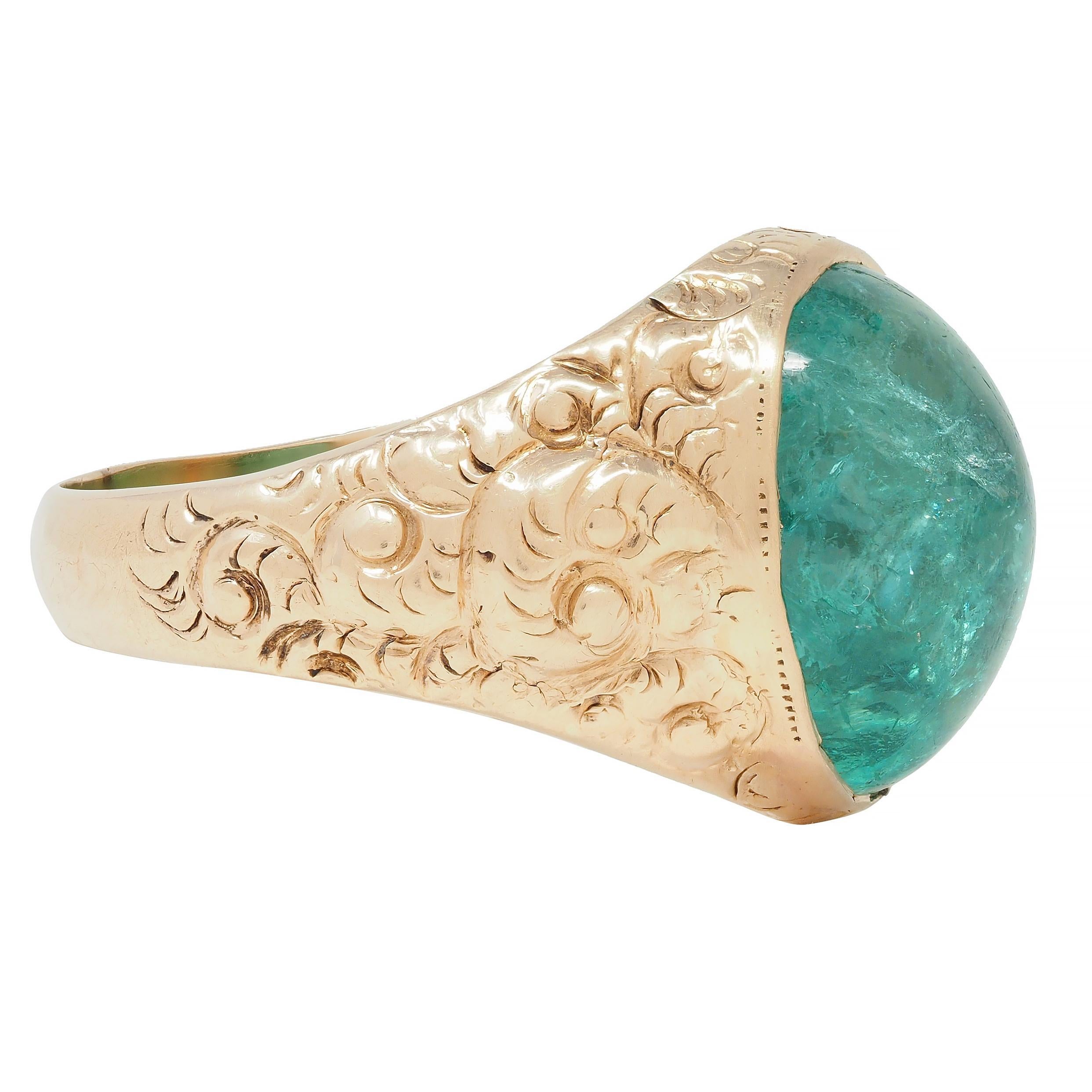 Women's or Men's Victorian 10.16 CTW Emerald Cabochon 14 Karat Gold Scroll Antique Signet Ring For Sale
