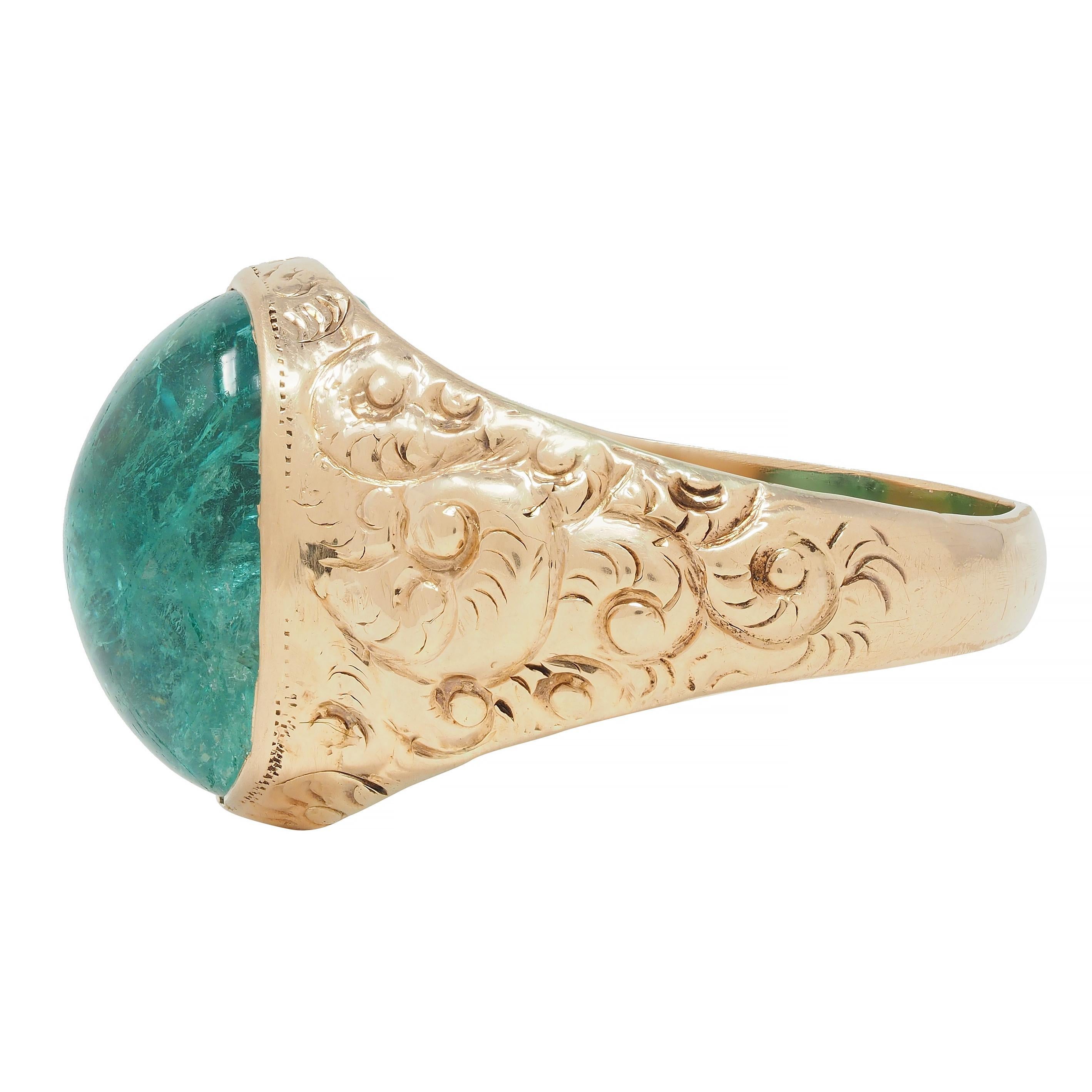 Victorian 10.16 CTW Emerald Cabochon 14 Karat Gold Scroll Antique Signet Ring For Sale 2