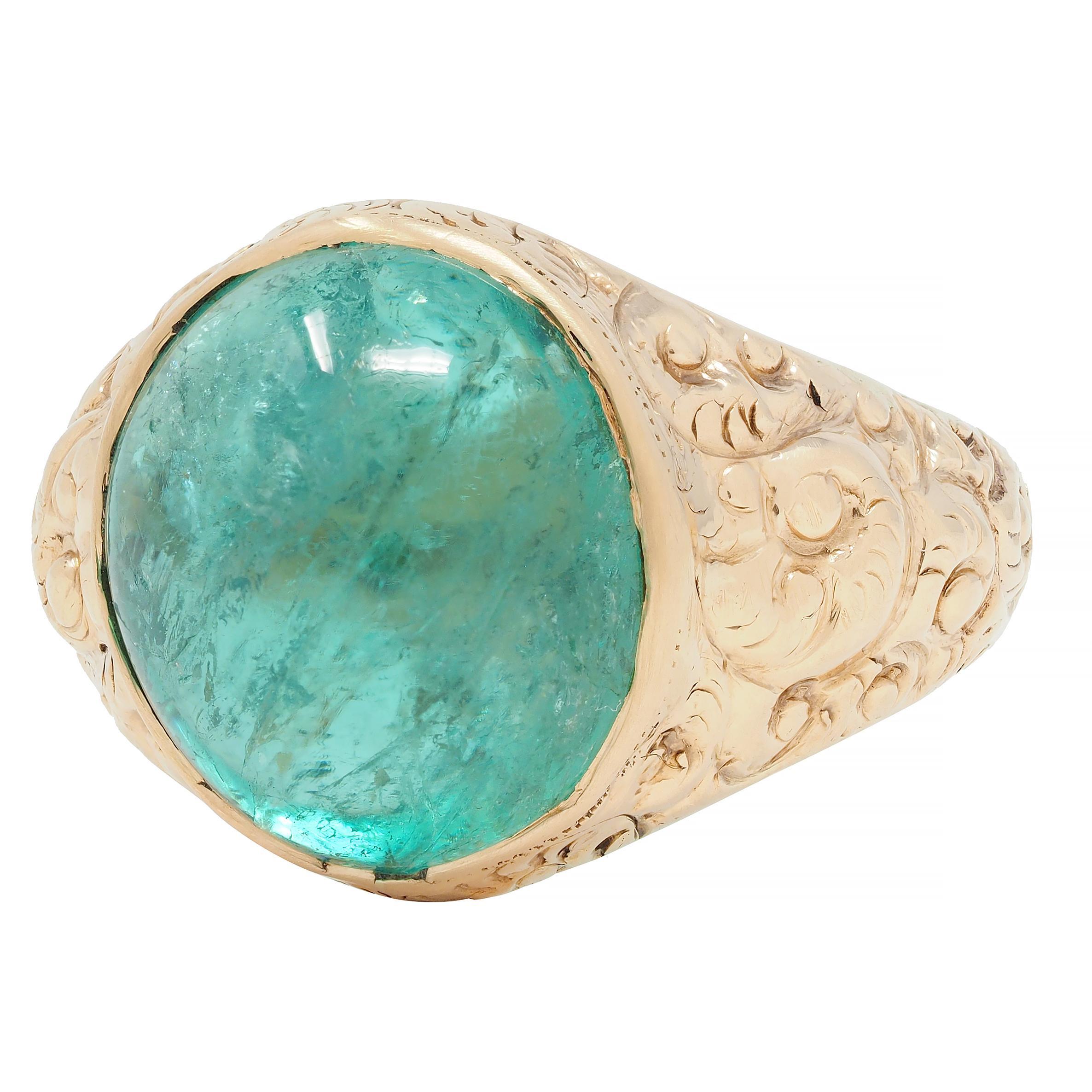 Victorian 10.16 CTW Emerald Cabochon 14 Karat Gold Scroll Antique Signet Ring For Sale 3