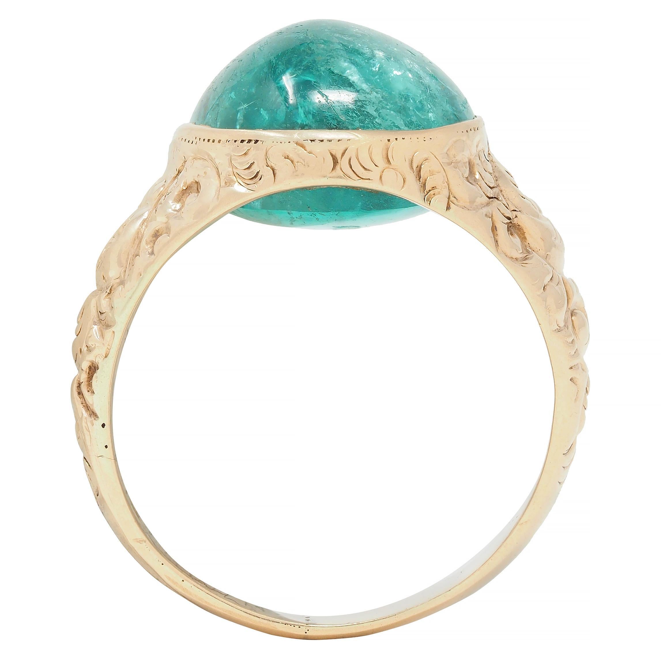 Victorian 10.16 CTW Emerald Cabochon 14 Karat Gold Scroll Antique Signet Ring For Sale 5