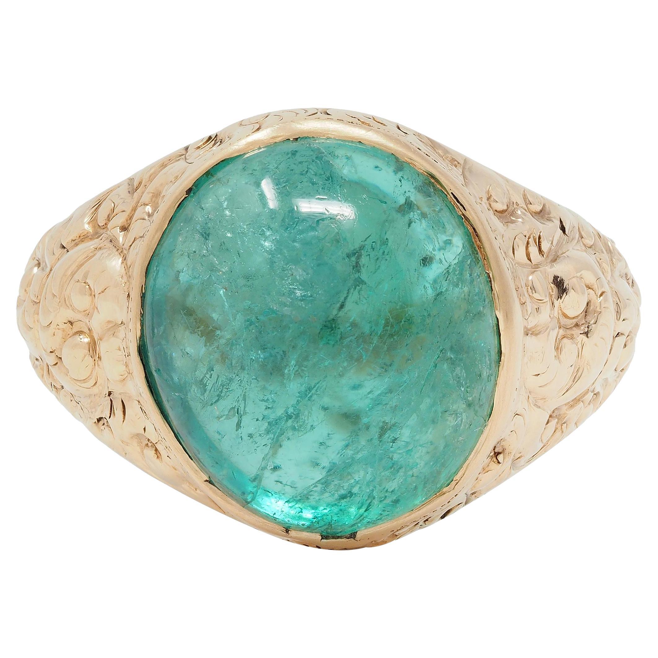 Victorian 10.16 CTW Emerald Cabochon 14 Karat Gold Scroll Antique Signet Ring For Sale