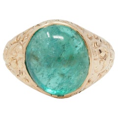 Victorian 10.16 CTW Emerald Cabochon 14 Karat Gold Scroll Antique Signet Ring
