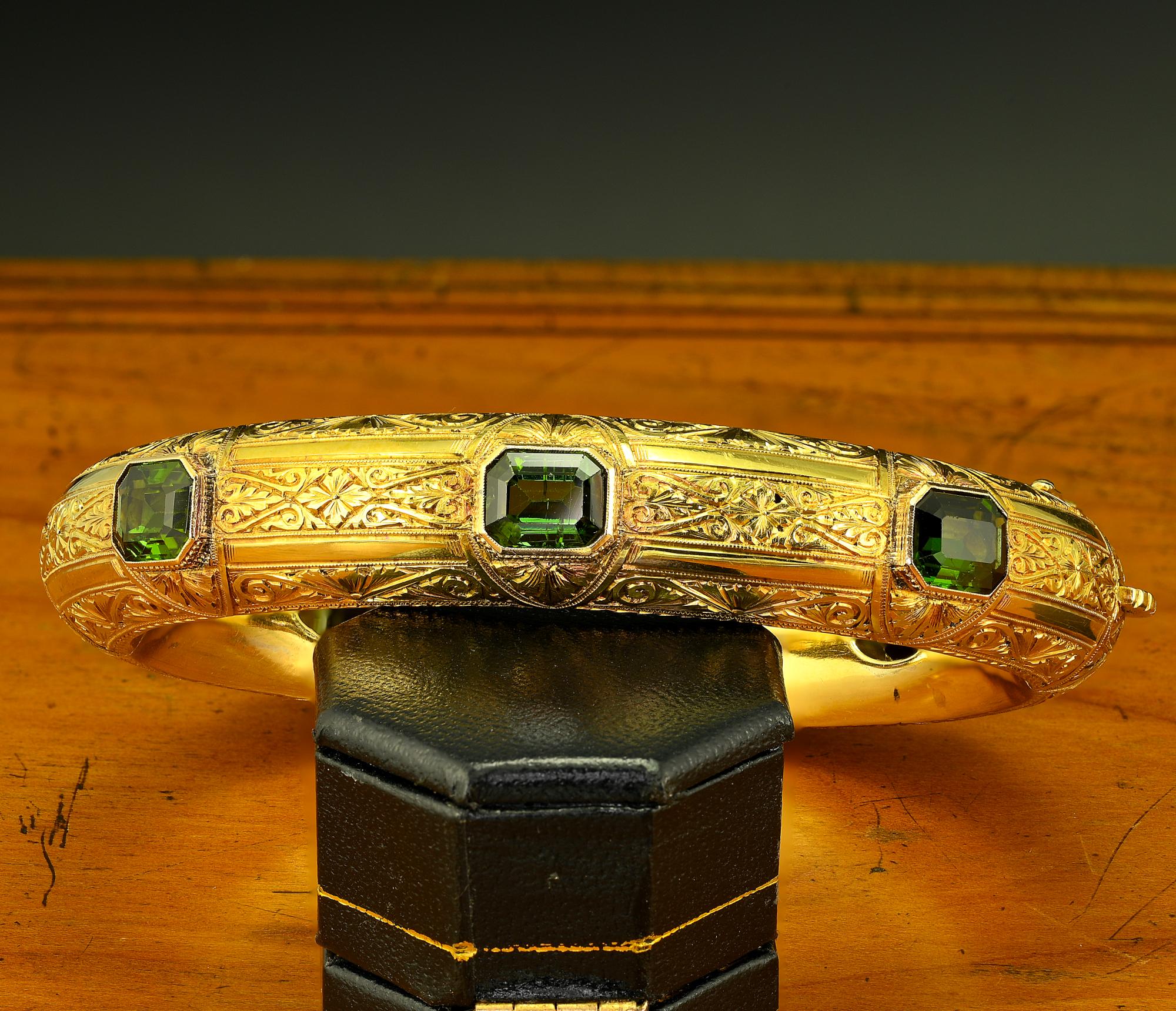Women's Victorian 10.20 Ct Natural Green Tourmaline Rare 18 KT Carved Bangle For Sale