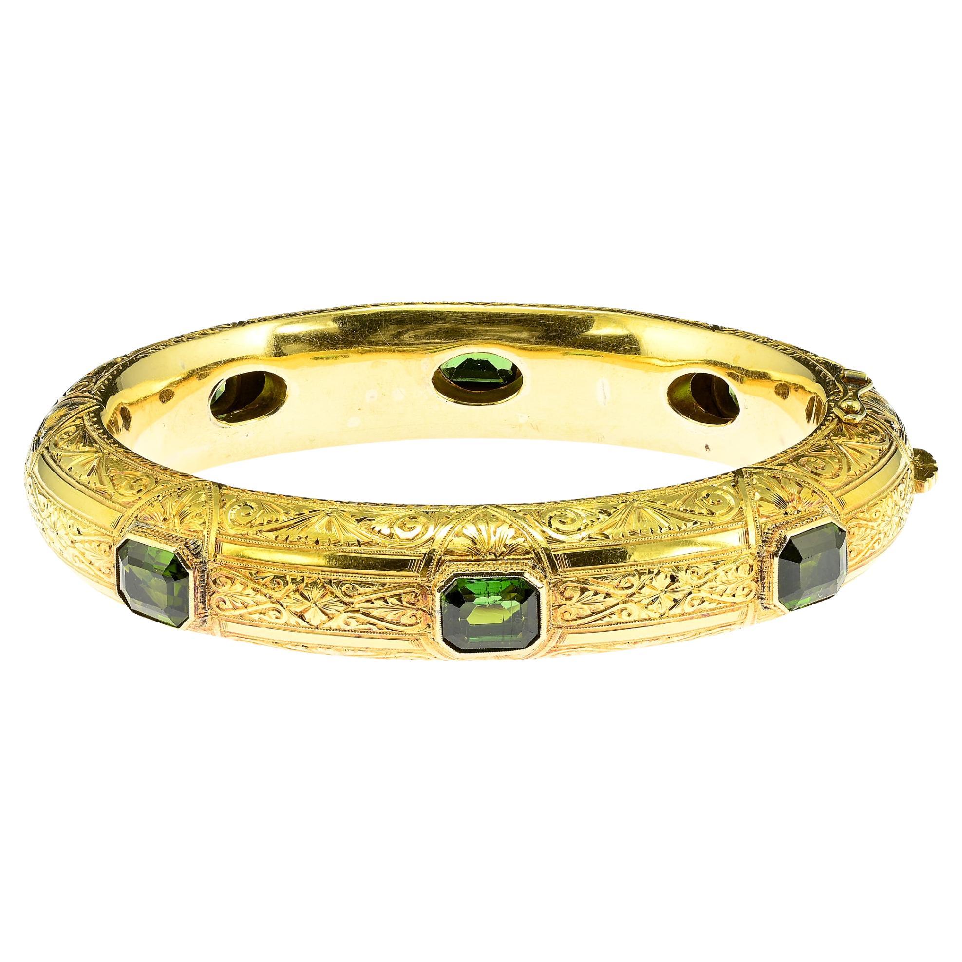 Victorian 10.20 Ct Natural Green Tourmaline Rare 18 KT Carved Bangle