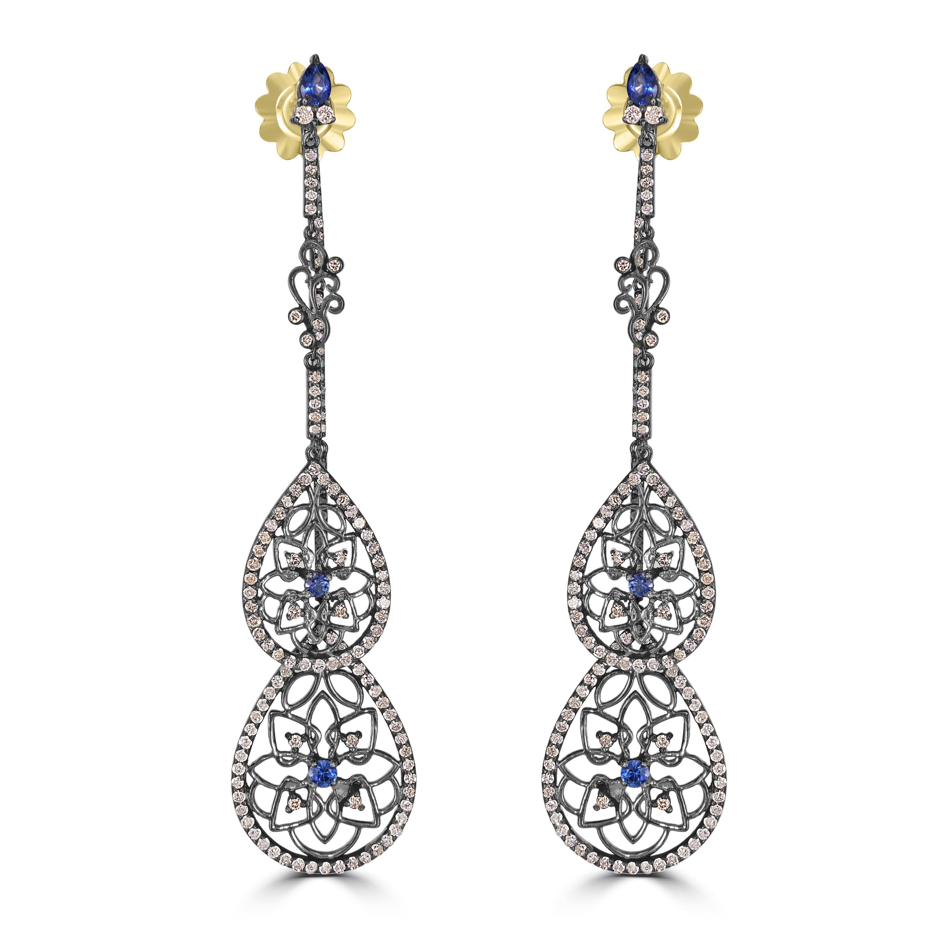 Round Cut Victorian 10.28Cttw. Blue Sapphire and Diamond Front Back Double Drop Earrings  For Sale