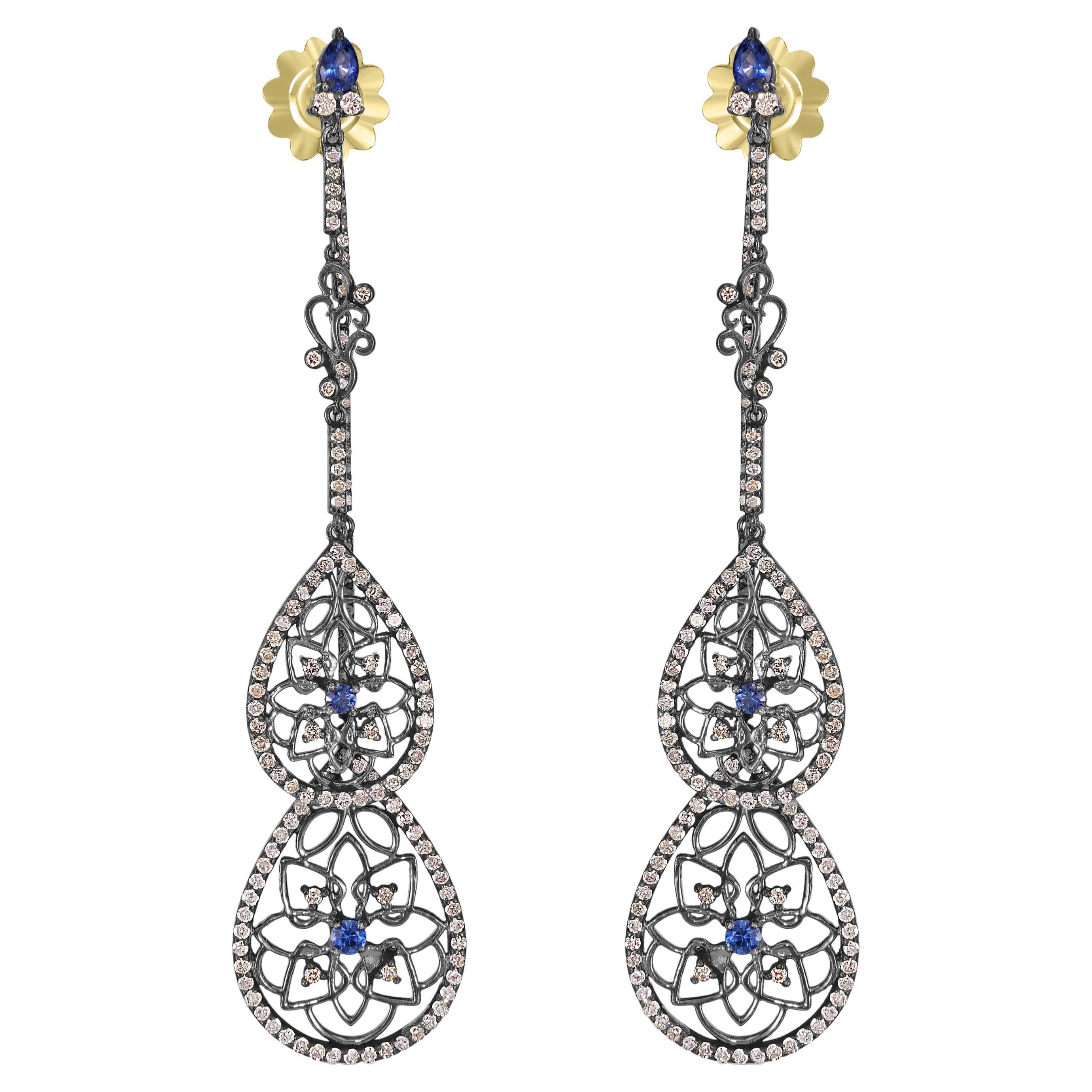 Victorian 10.28Cttw. Blue Sapphire and Diamond Front Back Double Drop Earrings 