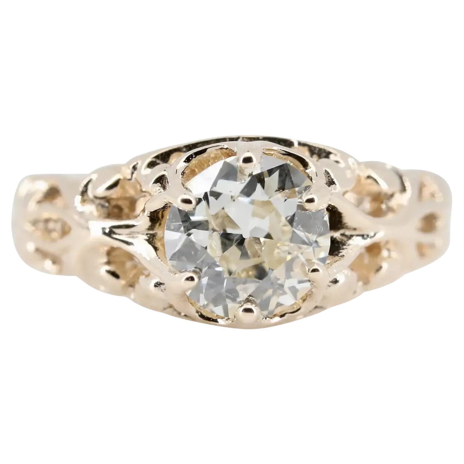 Victorian 1.02ct Diamond Solitaire Scroll Work Engagement Ring in 14K Gold For Sale