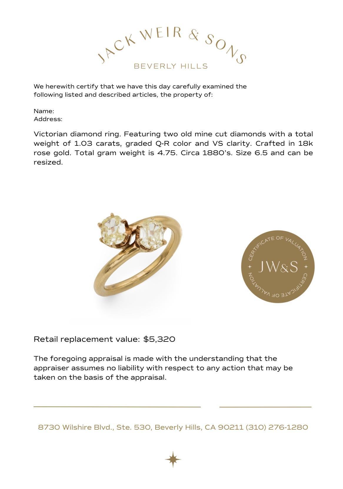 Bague Victorienne 1.03 carat diamant taille mine ancienne 18k rose Toi Et Moi en vente 3