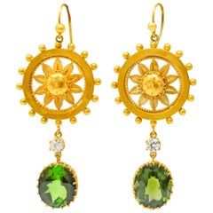 Victorian 10.36 Carat Tourmaline Diamond 14 Karat Gold Floral Drop Earrings