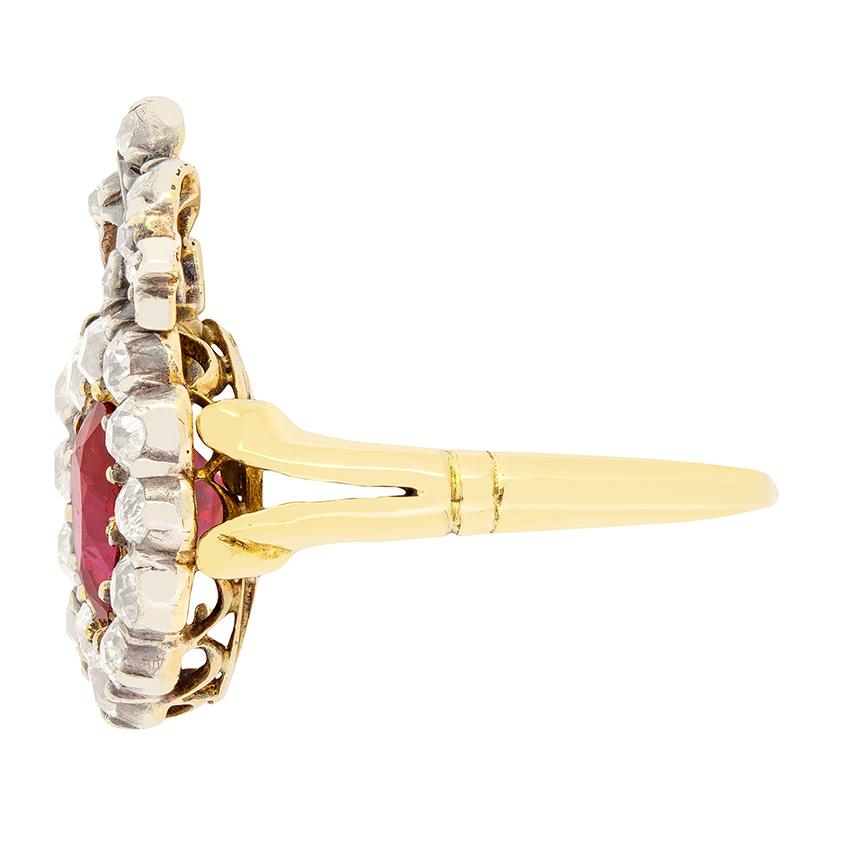 Pear Cut Victorian 1.03ct Ruby and Diamond Double Heart Ring, c.1880s For Sale