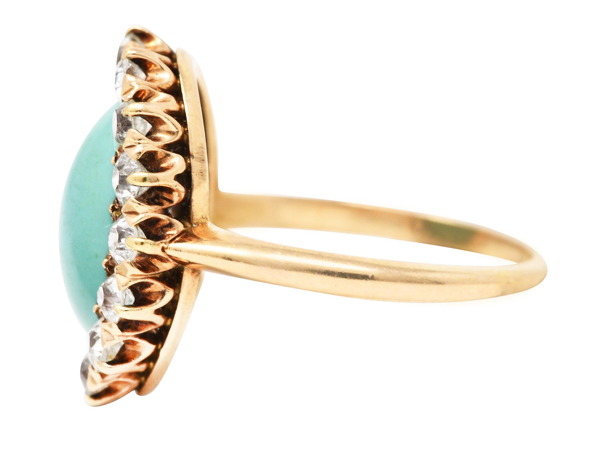 Women's or Men's Victorian 1.04 Carats Old European Cut Diamond Turquoise 14 Karat Gold Ring