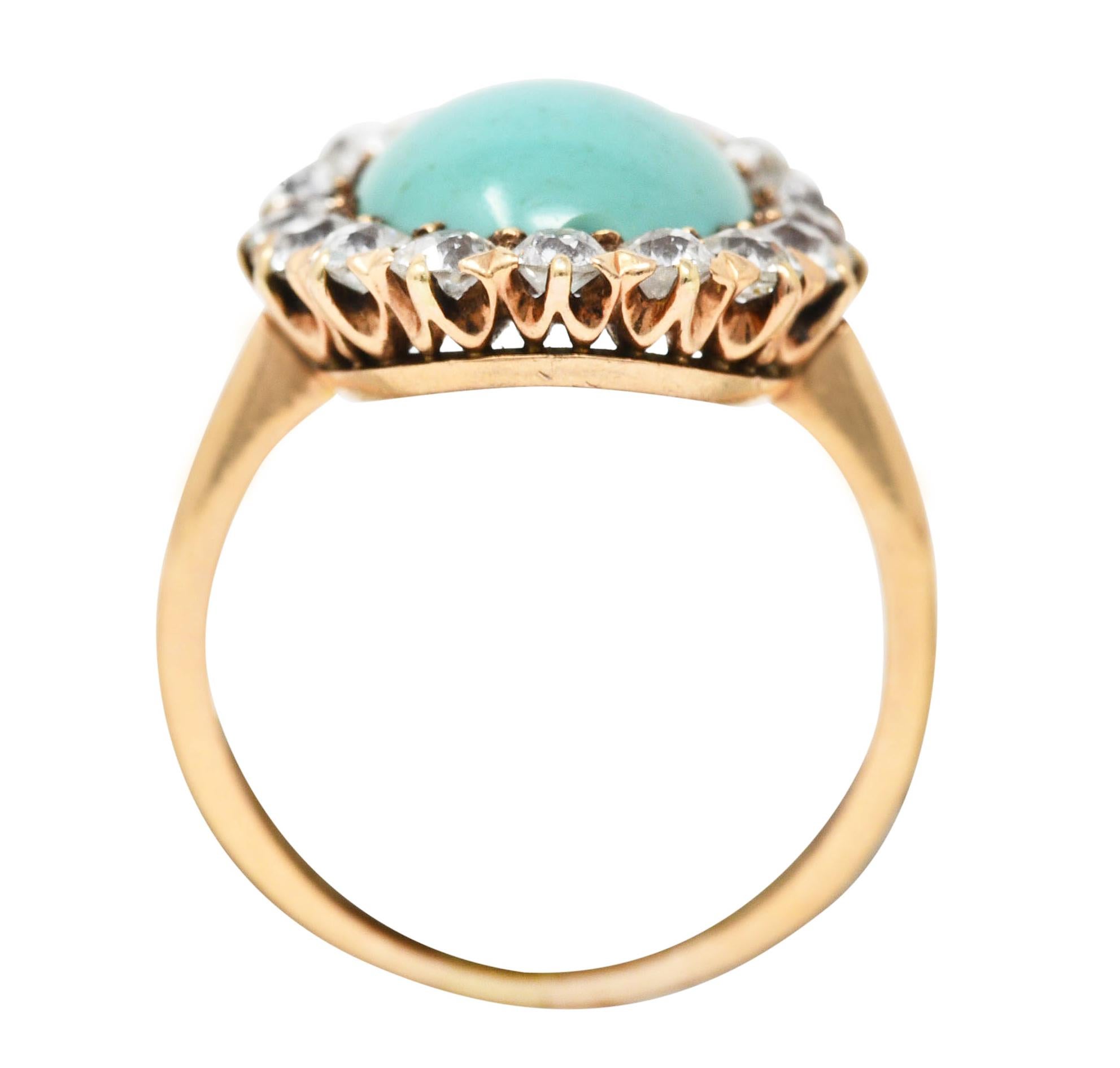 Victorian 1.04 Carats Old European Cut Diamond Turquoise 14 Karat Gold Ring 3