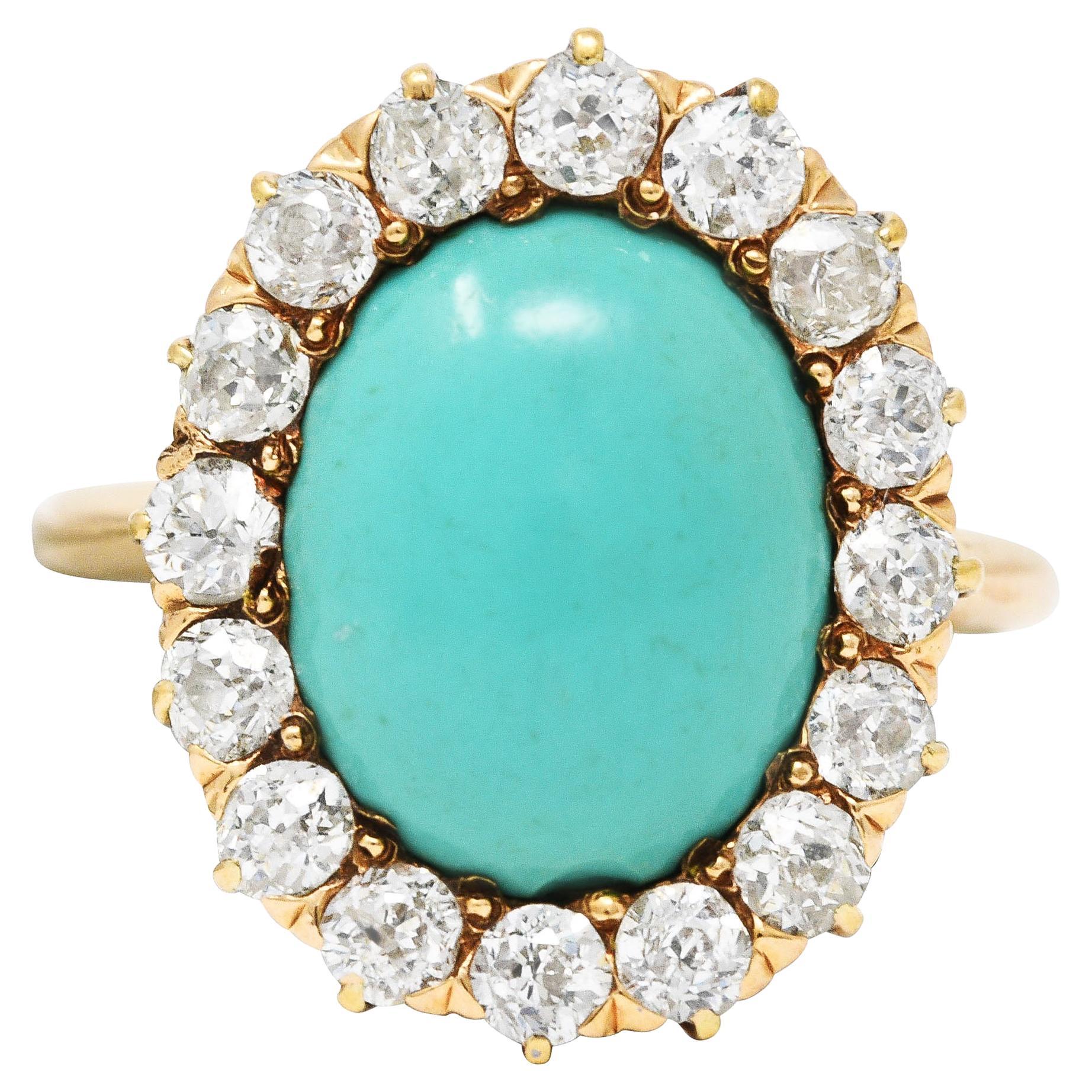 Victorian 1.04 Carats Old European Cut Diamond Turquoise 14 Karat Gold Ring