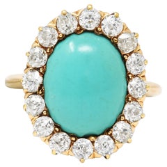 Bague victorienne en or 14 carats avec turquoise et diamant de taille européenne ancienne de 1,04 carat