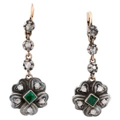 Victorian 1.04ctw Rose Cut Diamond & Emerald Flower Dangle Drop Earrings