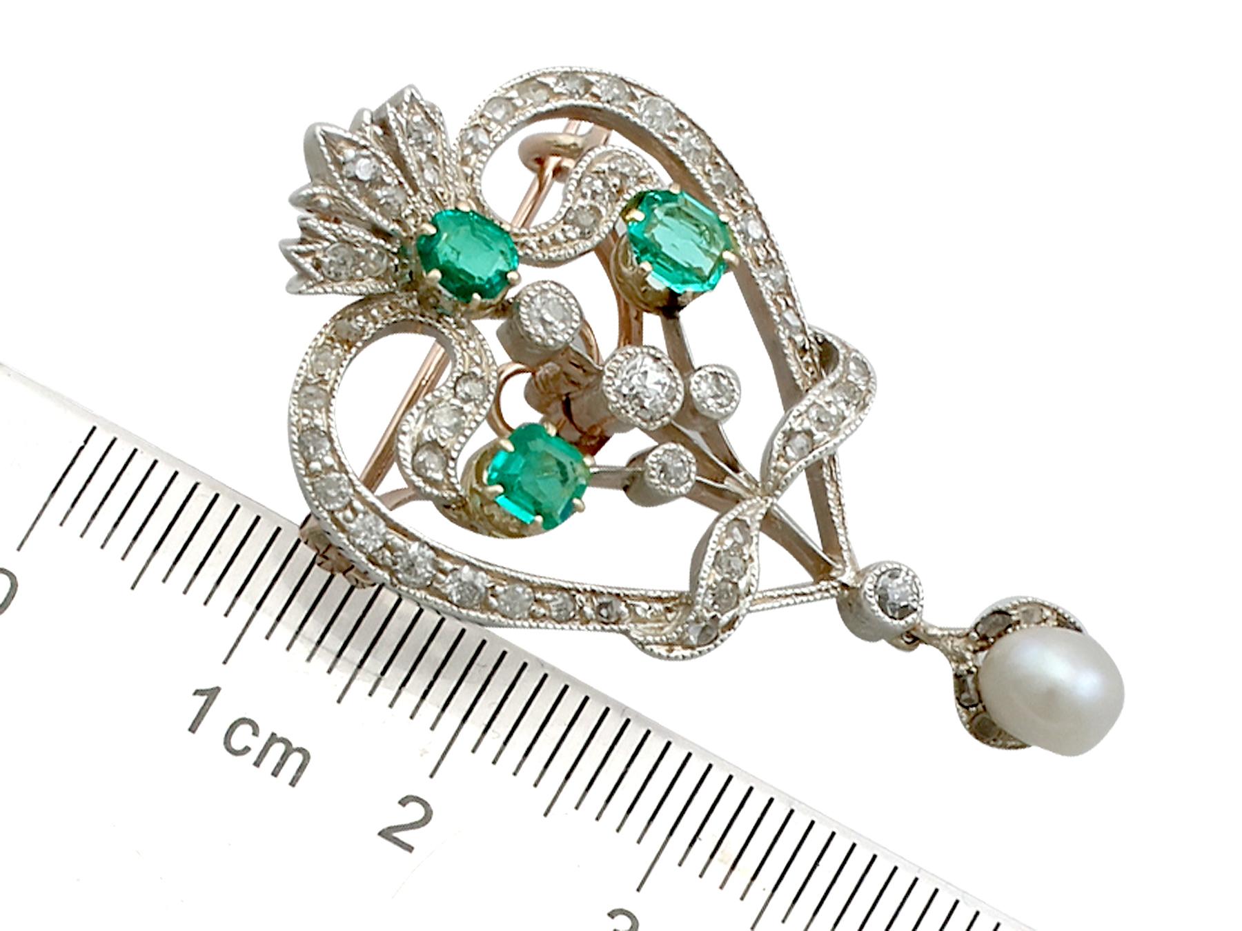 Victorian 1.05 Carat Emerald 1.04 Carat Diamond Pearl Gold Pendant Brooch 6