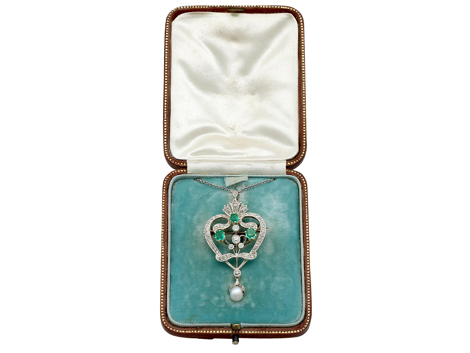 Victorian 1.05 Carat Emerald 1.04 Carat Diamond Pearl Gold Pendant Brooch 8
