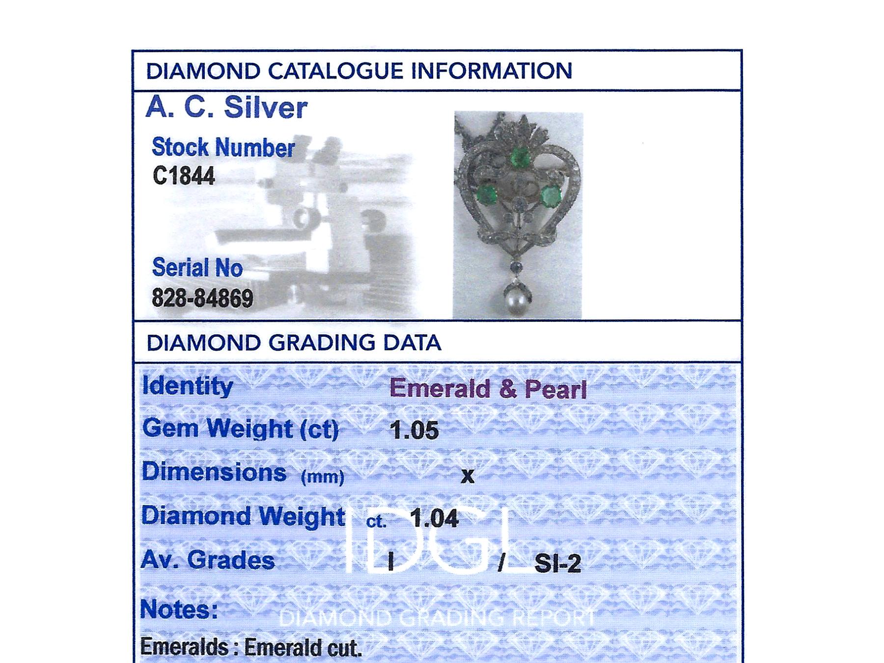 Victorian 1.05 Carat Emerald 1.04 Carat Diamond Pearl Gold Pendant Brooch 10