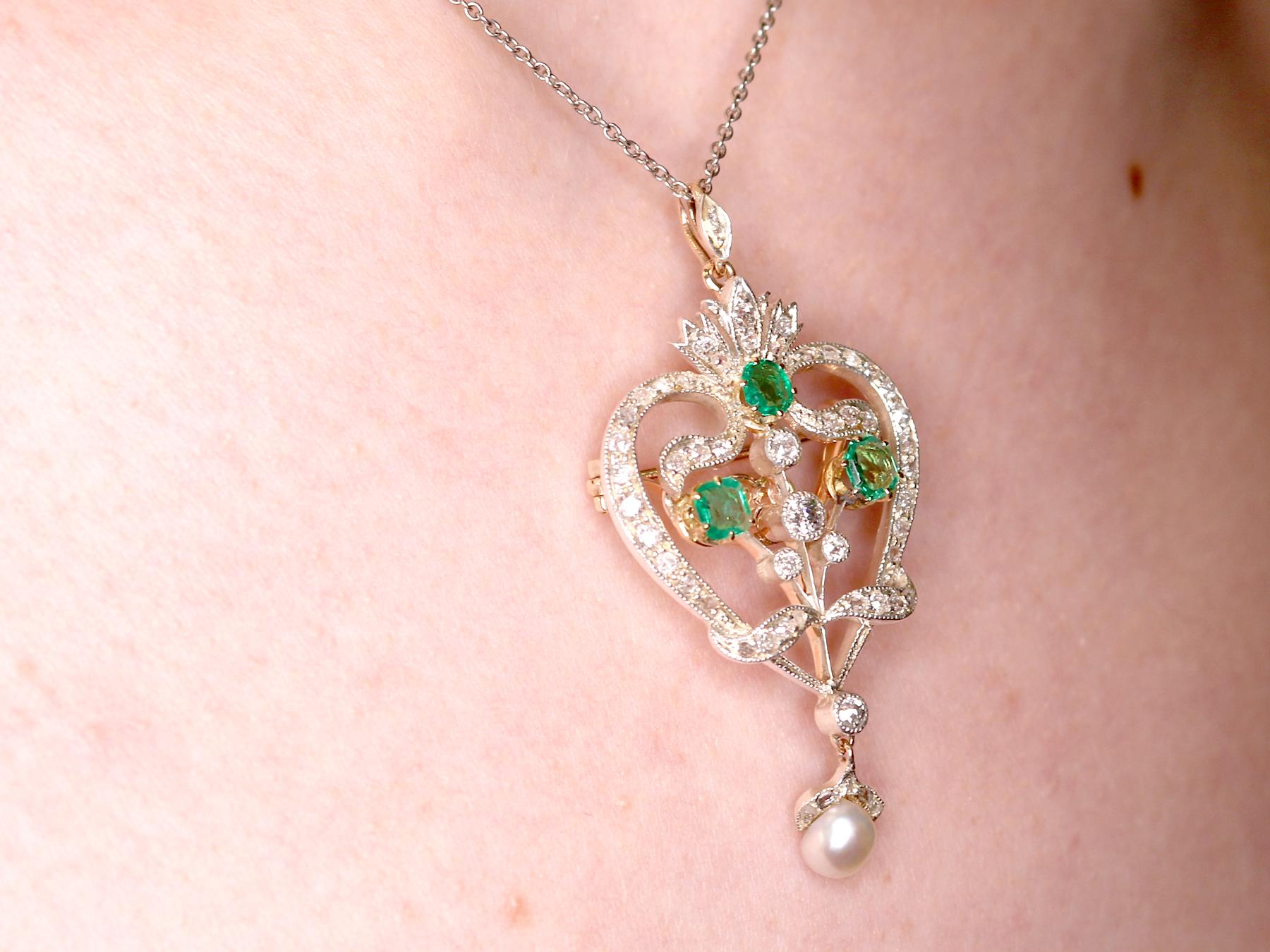 Victorian 1.05 Carat Emerald 1.04 Carat Diamond Pearl Gold Pendant Brooch 12