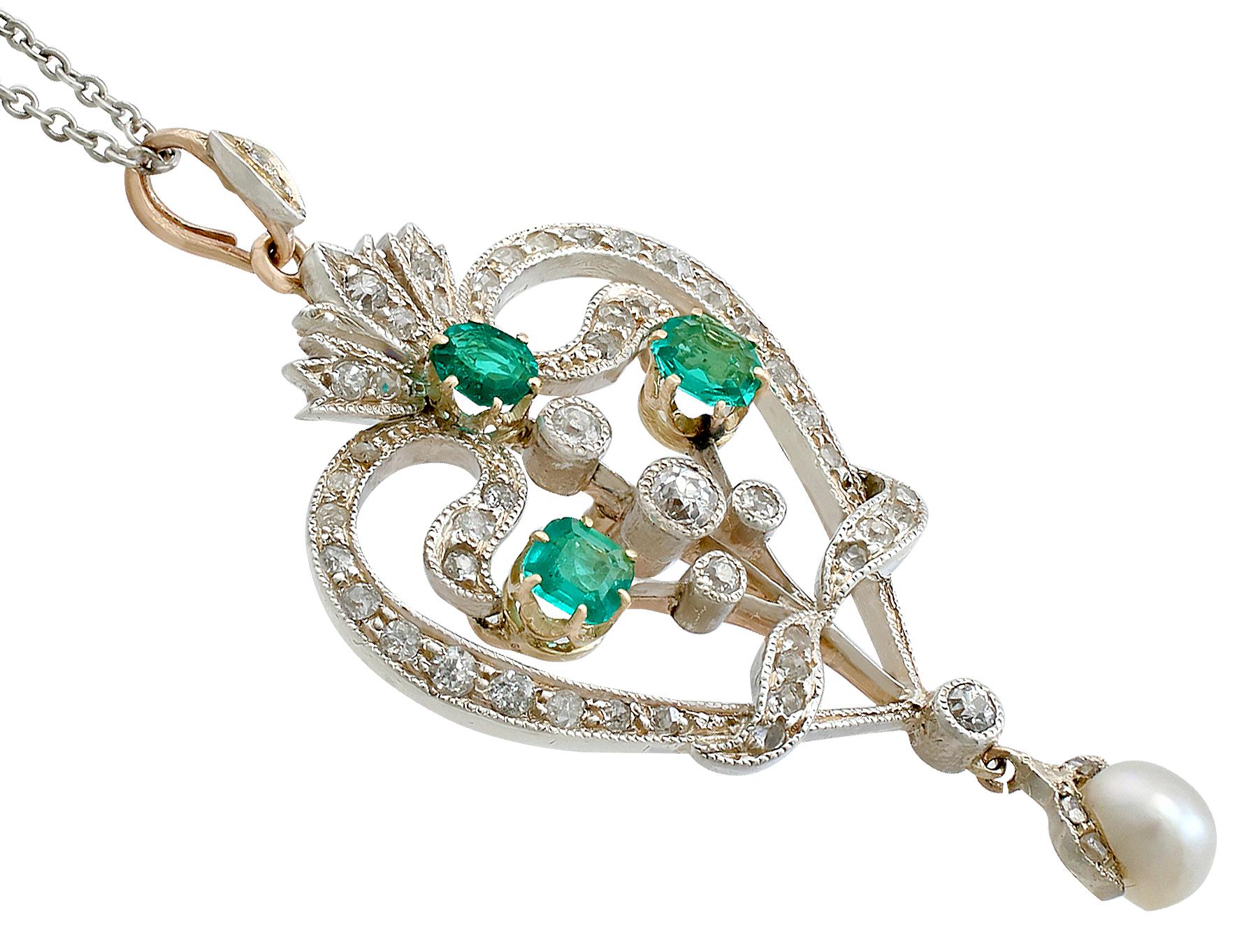 Old European Cut Victorian 1.05 Carat Emerald 1.04 Carat Diamond Pearl Gold Pendant Brooch