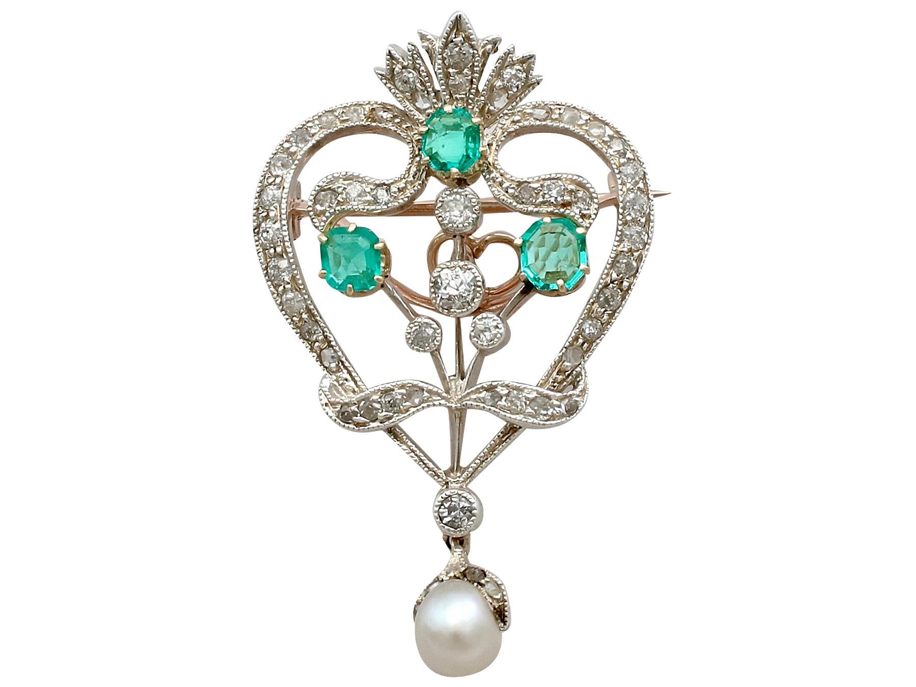 Victorian 1.05 Carat Emerald 1.04 Carat Diamond Pearl Gold Pendant Brooch 2