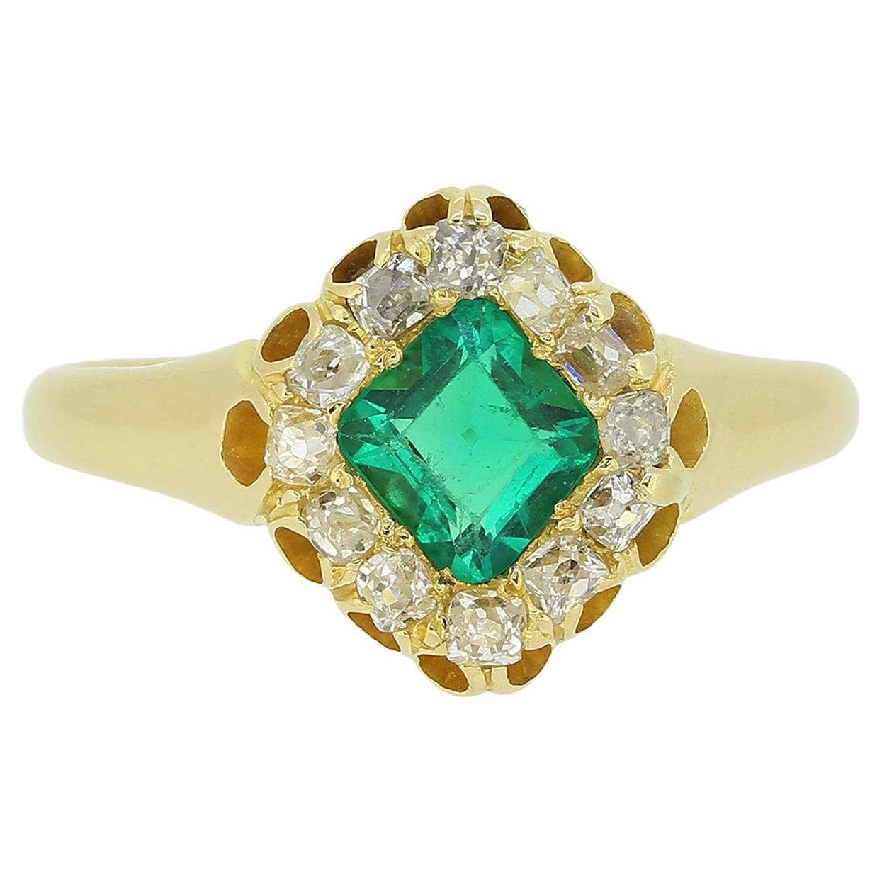 Victorian 1.05 Carat Emerald and Diamond Cluster Ring