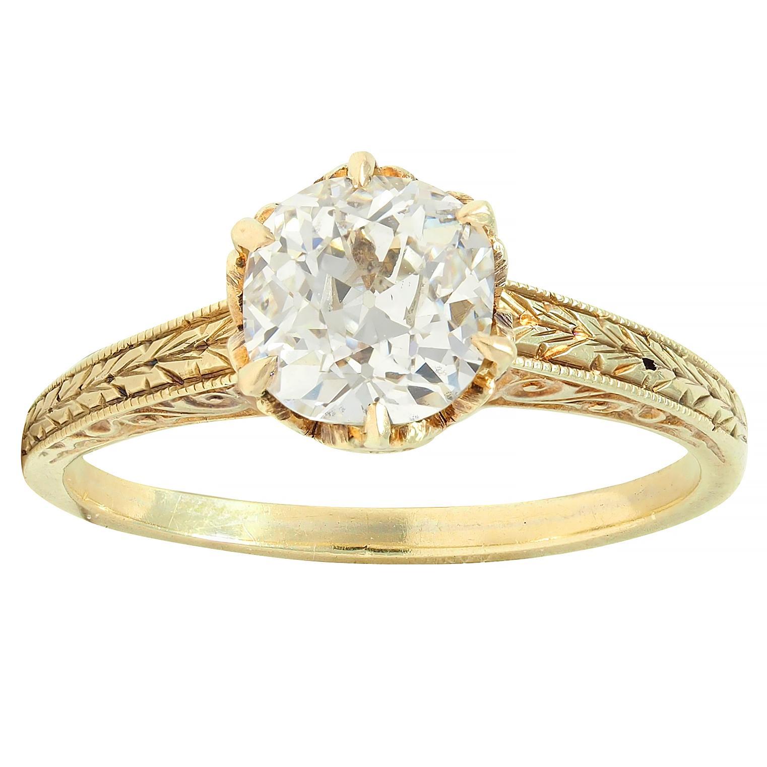 Victorian 1.05 CTW Mine Diamond 14K Gold Antique Solitaire Engagement Ring GIA In Excellent Condition In Philadelphia, PA