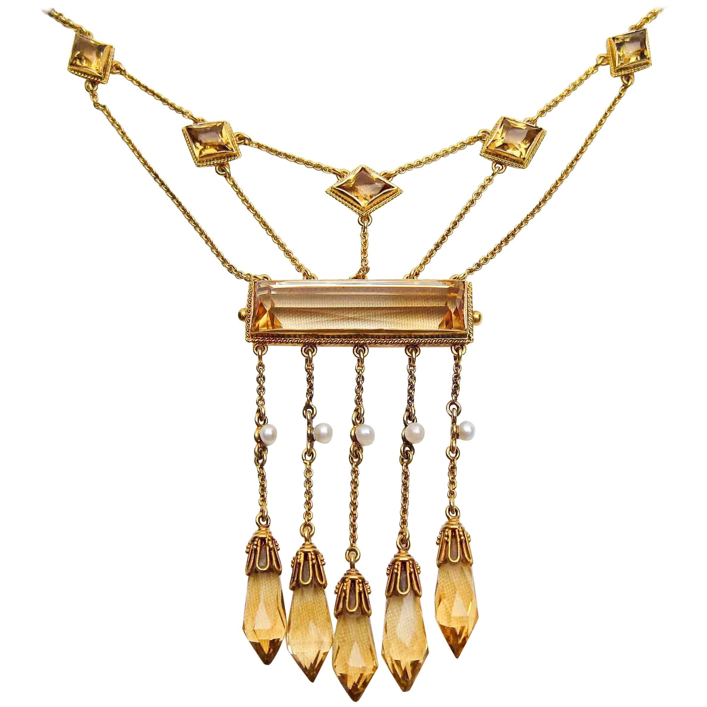 Victorian 10.57 Carat Citrine 18 Karat Gold Handmade Bib-Style Necklace For Sale