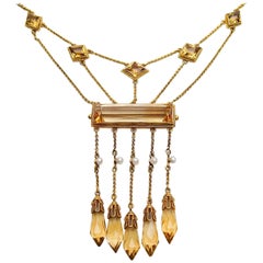 Antique Victorian 10.57 Carat Citrine 18 Karat Gold Handmade Bib-Style Necklace