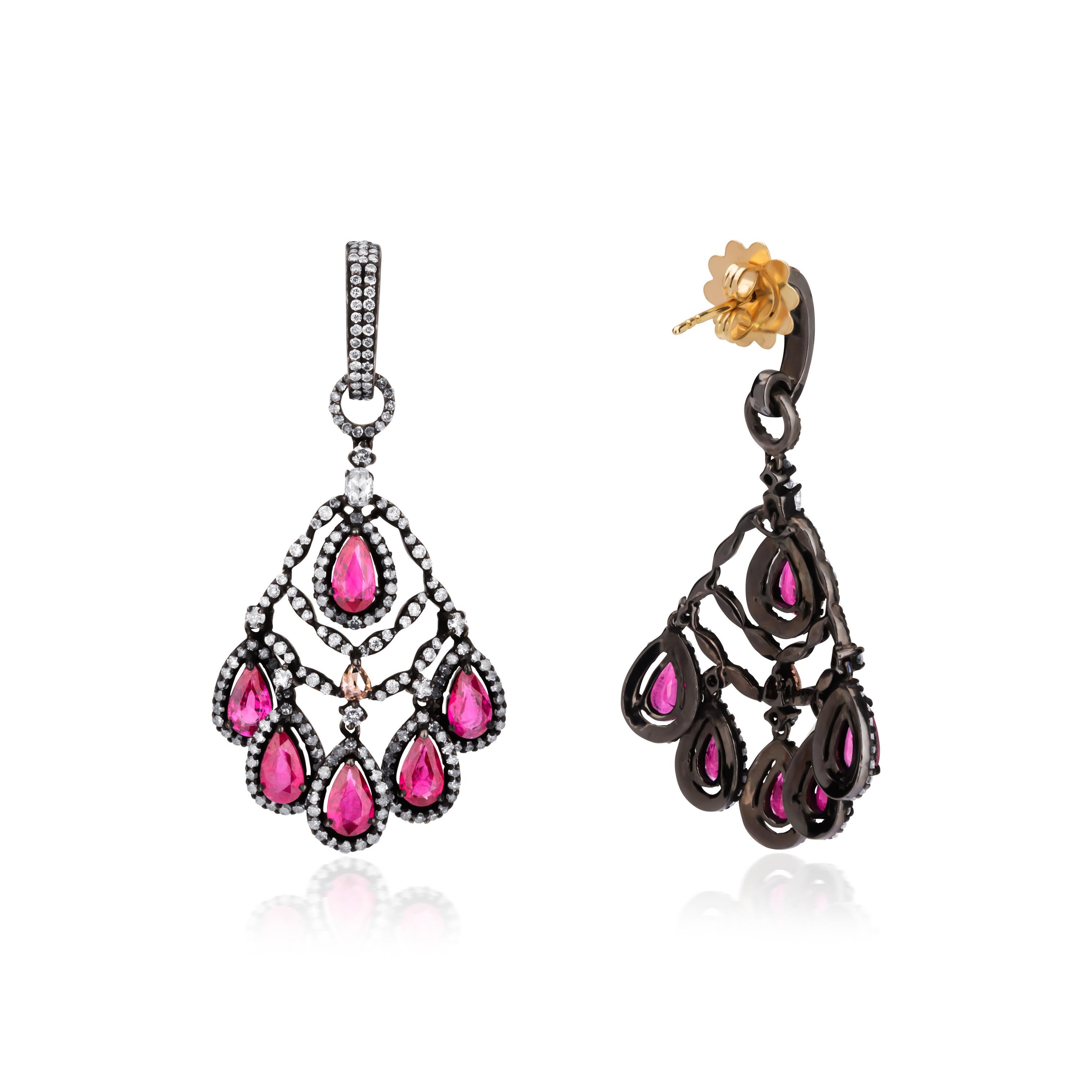 Pear Cut Victorian 10.61cttw Pear Ruby and Diamond Chandelier Earrings For Sale