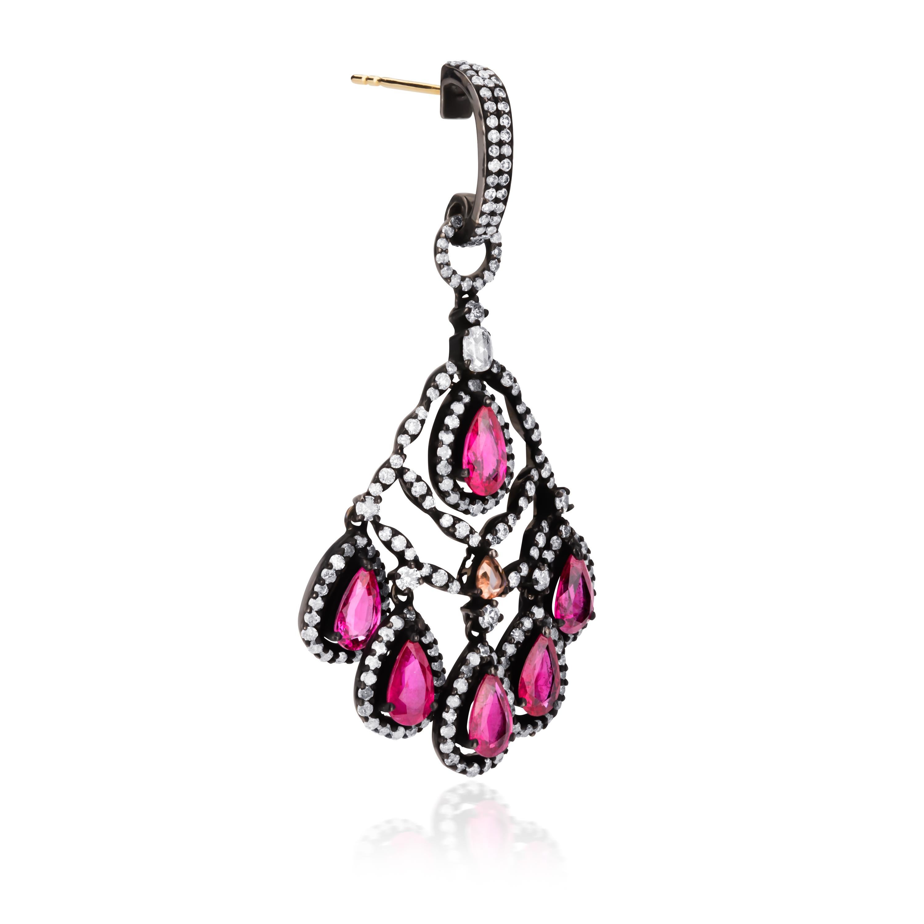 Victorian 10.61cttw Pear Ruby and Diamond Chandelier Earrings For Sale 1