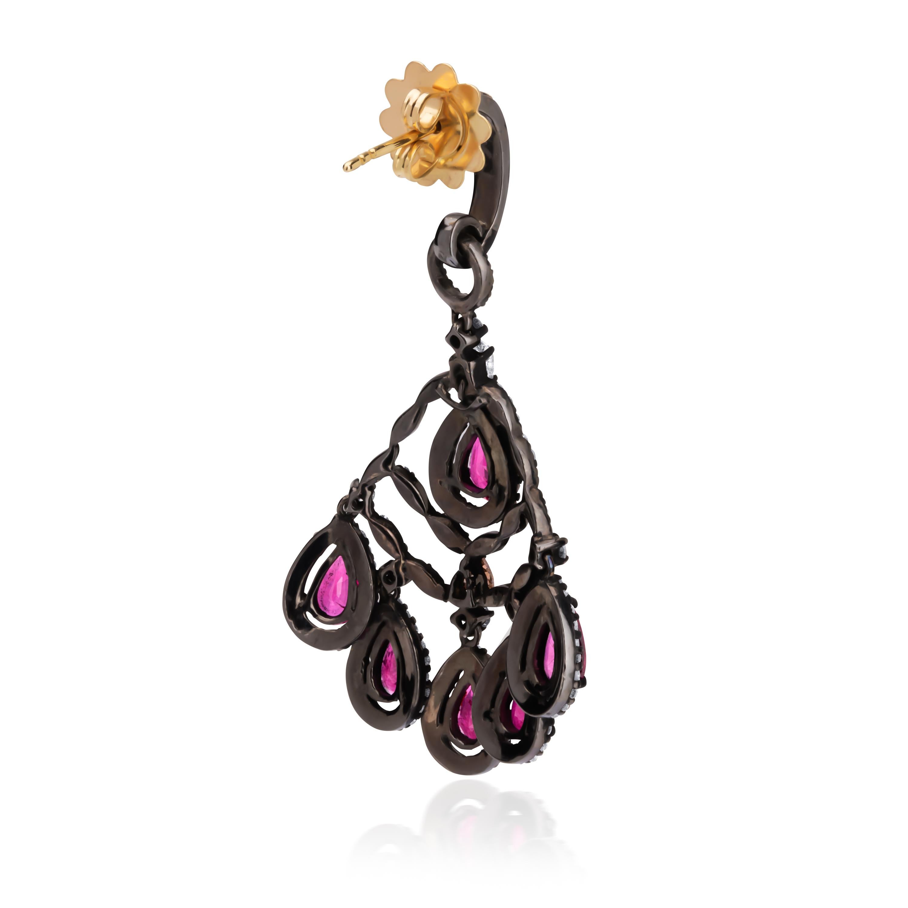 Victorian 10.61cttw Pear Ruby and Diamond Chandelier Earrings For Sale 2