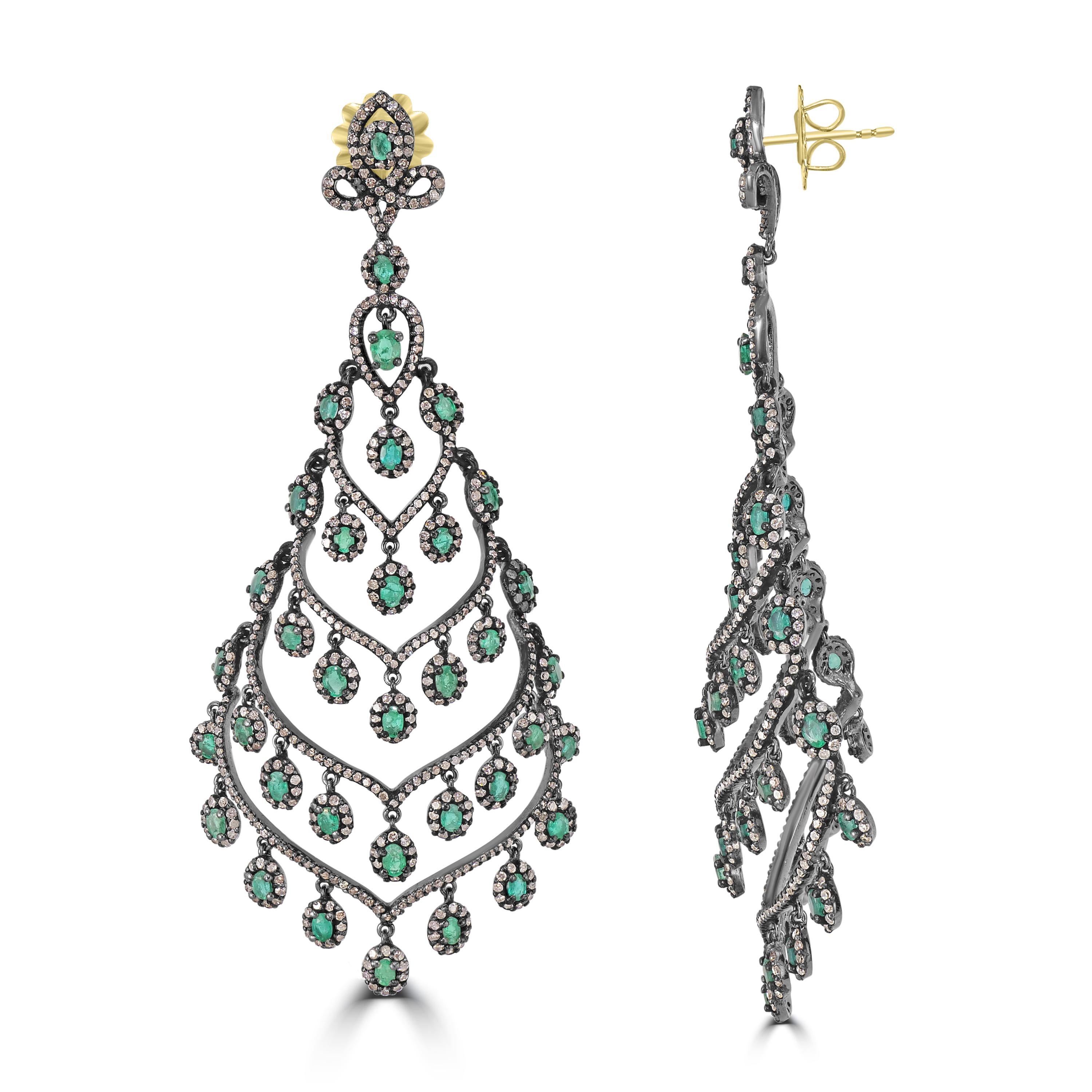 Round Cut Victorian 10.68 Cttw. Emerald and Diamond Chandlier Earrings  For Sale