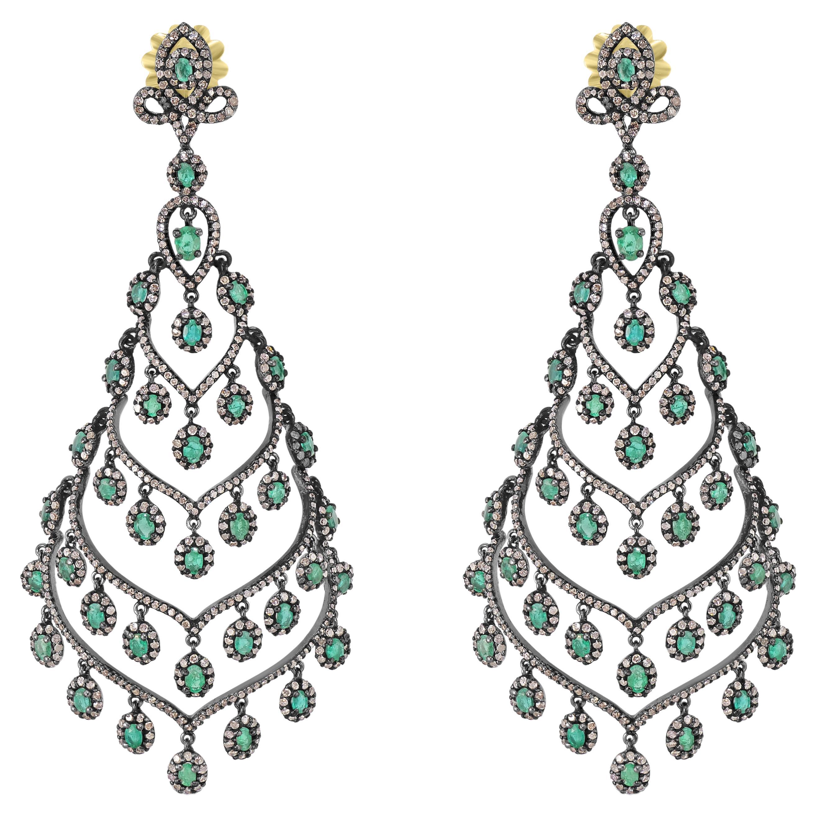 Victorian 10.68 Cttw. Emerald and Diamond Chandlier Earrings  For Sale