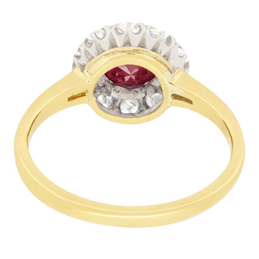 Old Mine Cut Victorian 1.07ct Ruby and Diamond Halo Ring, c.1880s